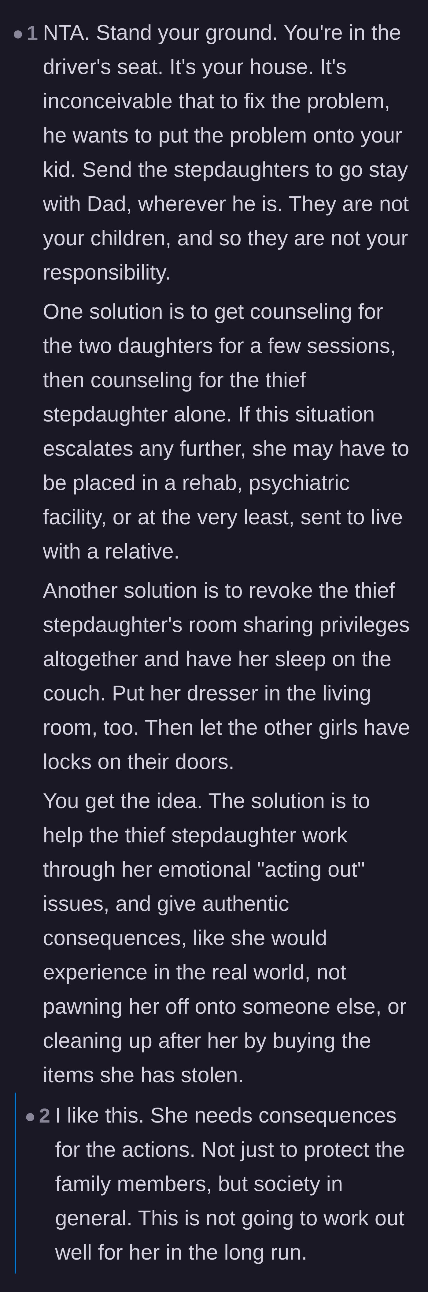 Comment thread 5 - Practical solutions suggesting the thieving stepdaughter sleep on the couch and work to earn back her privileges.