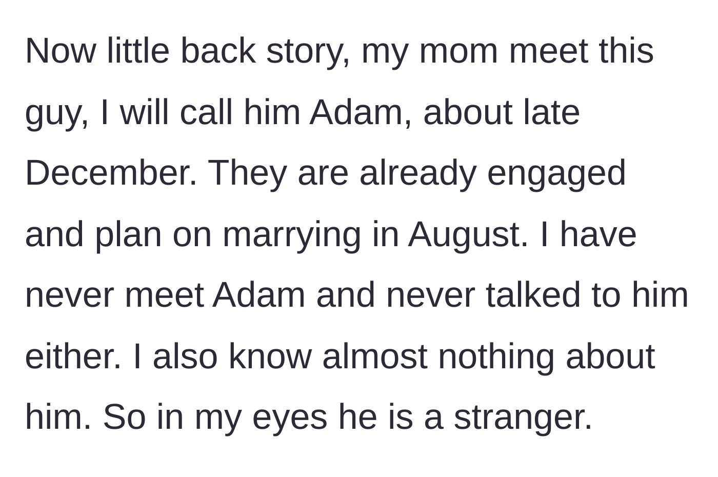 Story part 2 - Introducing Adam, the mysterious new fiancé