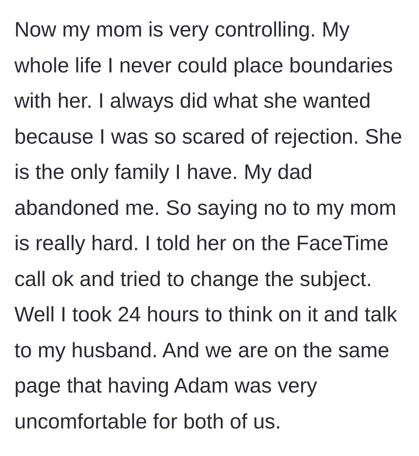 Story part 4 - Revealing the history of the mom's controlling behavior