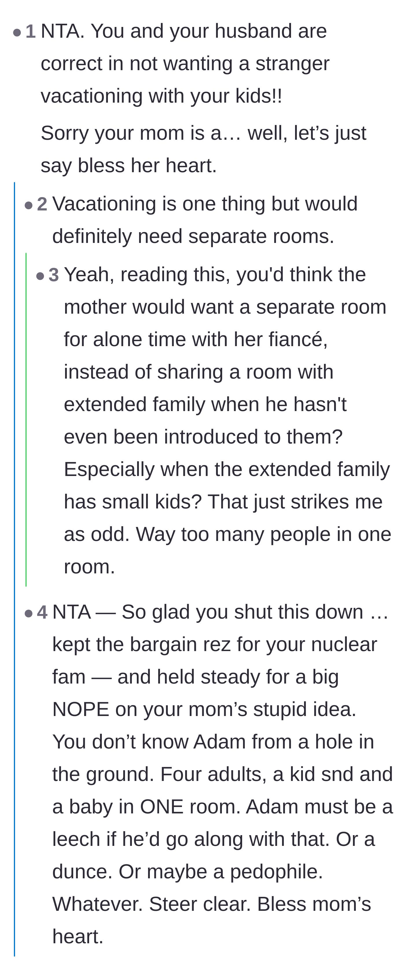 Comment thread 1 - Debating the sheer creepiness of a grandmother and her new boyfriend wanting to share a single hotel room with kids.