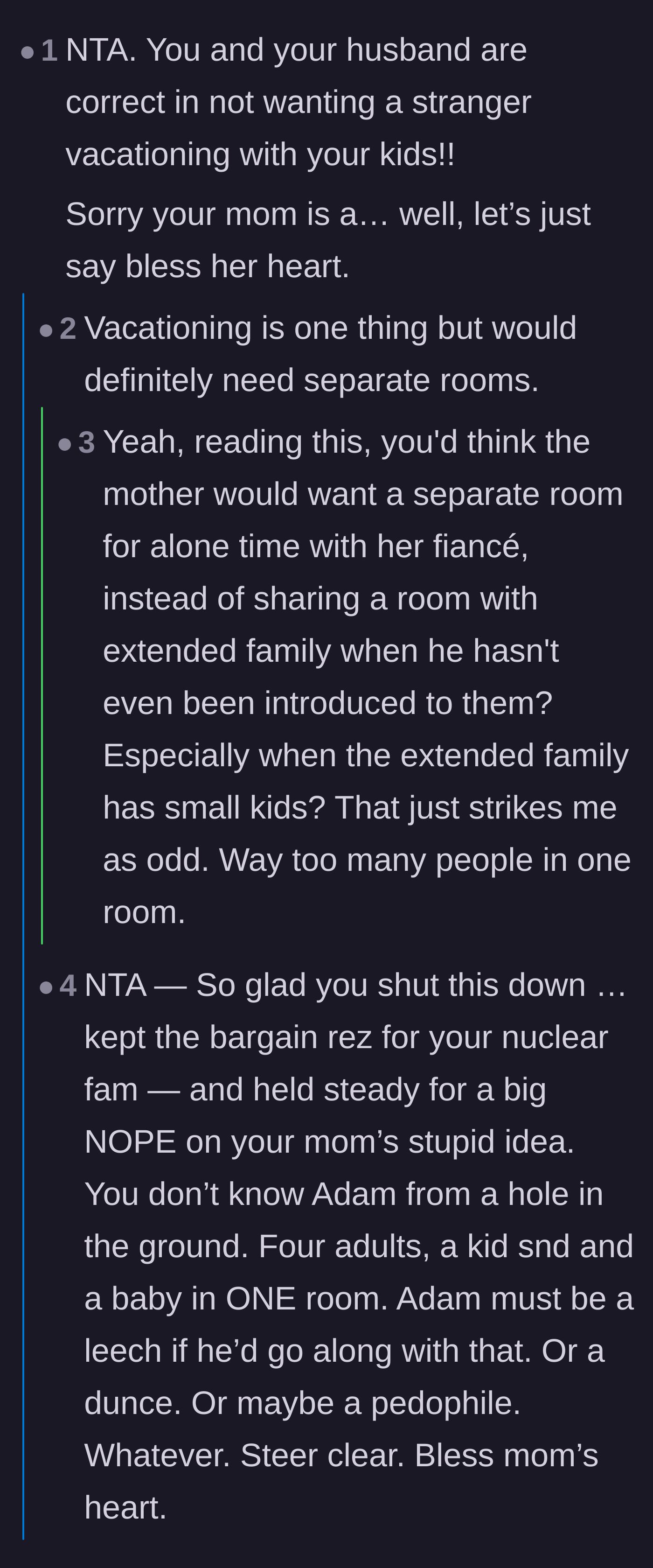 Comment thread 1 - Debating the sheer creepiness of a grandmother and her new boyfriend wanting to share a single hotel room with kids.
