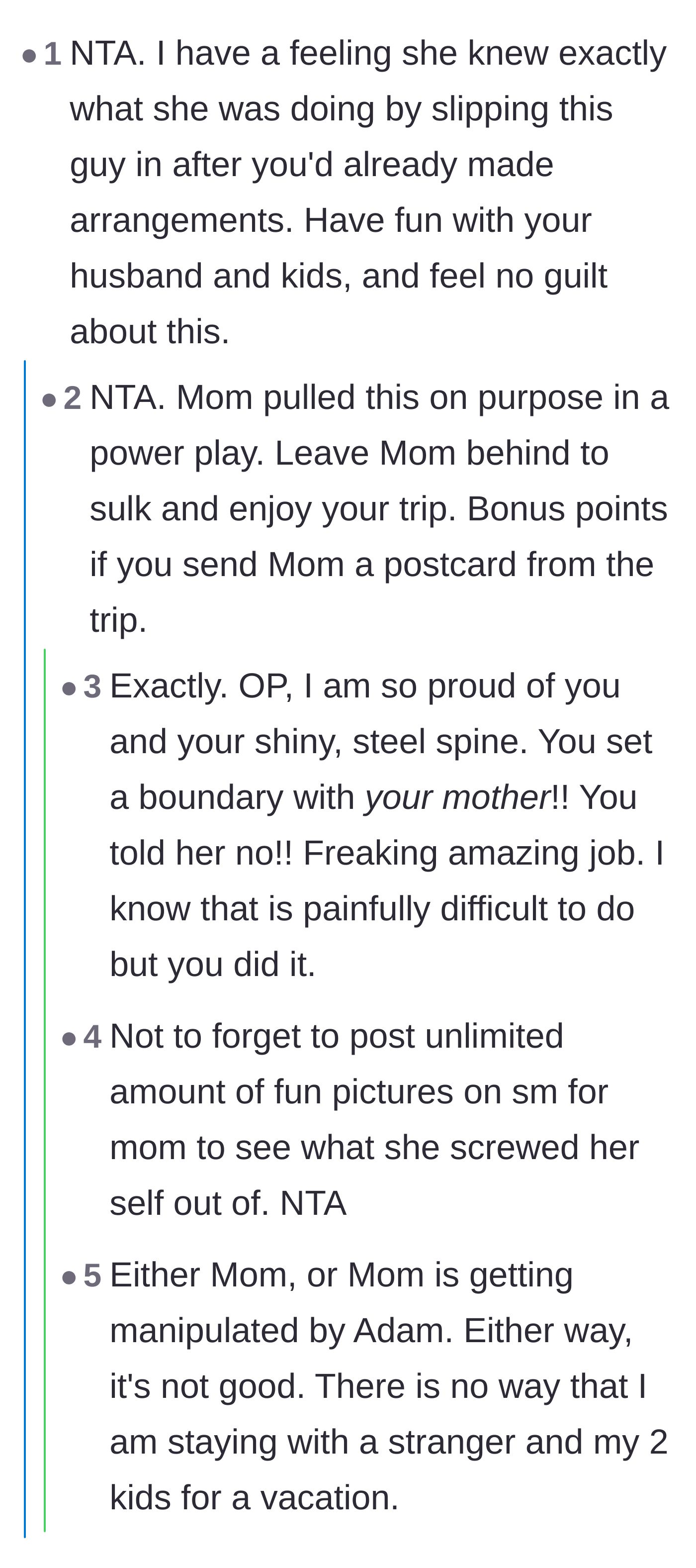 Comment thread 2 - Praising the main character's shiny spine and calling out the mother's intentional power play.