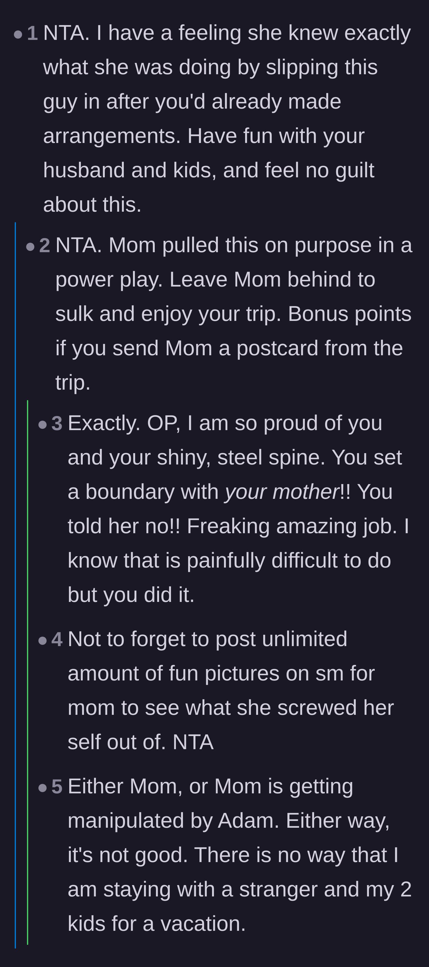 Comment thread 2 - Praising the main character's shiny spine and calling out the mother's intentional power play.