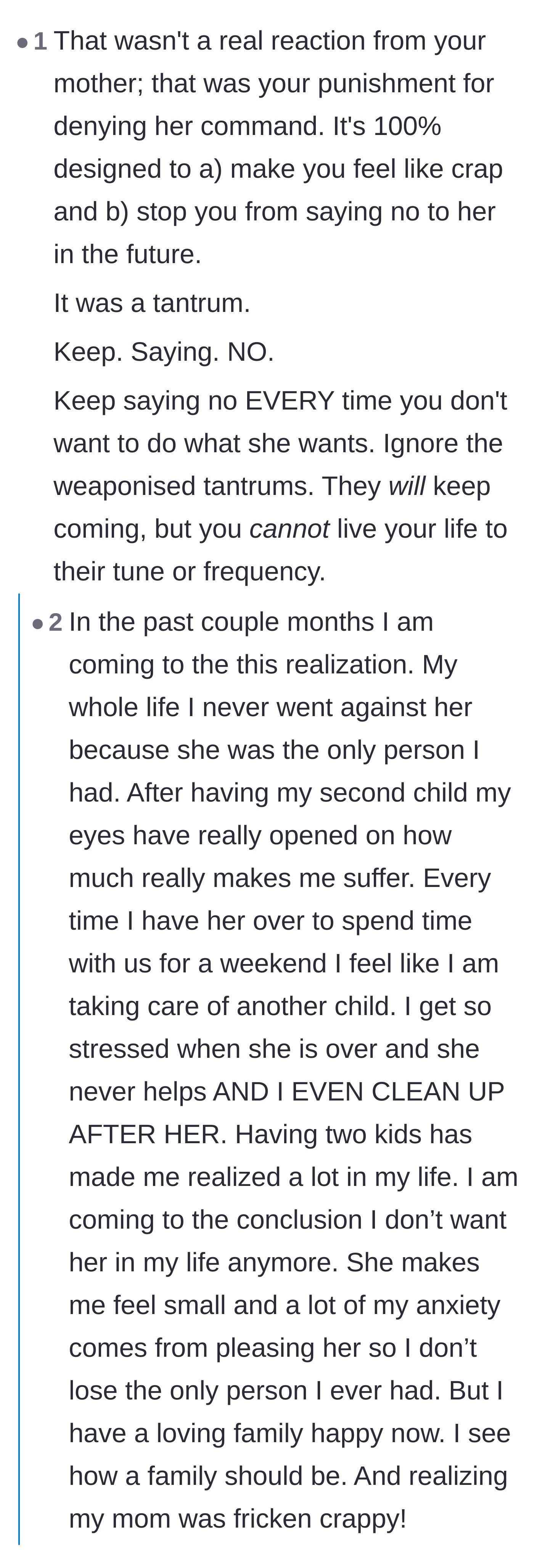 Comment thread 5 - Analyzing the mother's silent treatment as a weaponized tantrum to force future compliance.