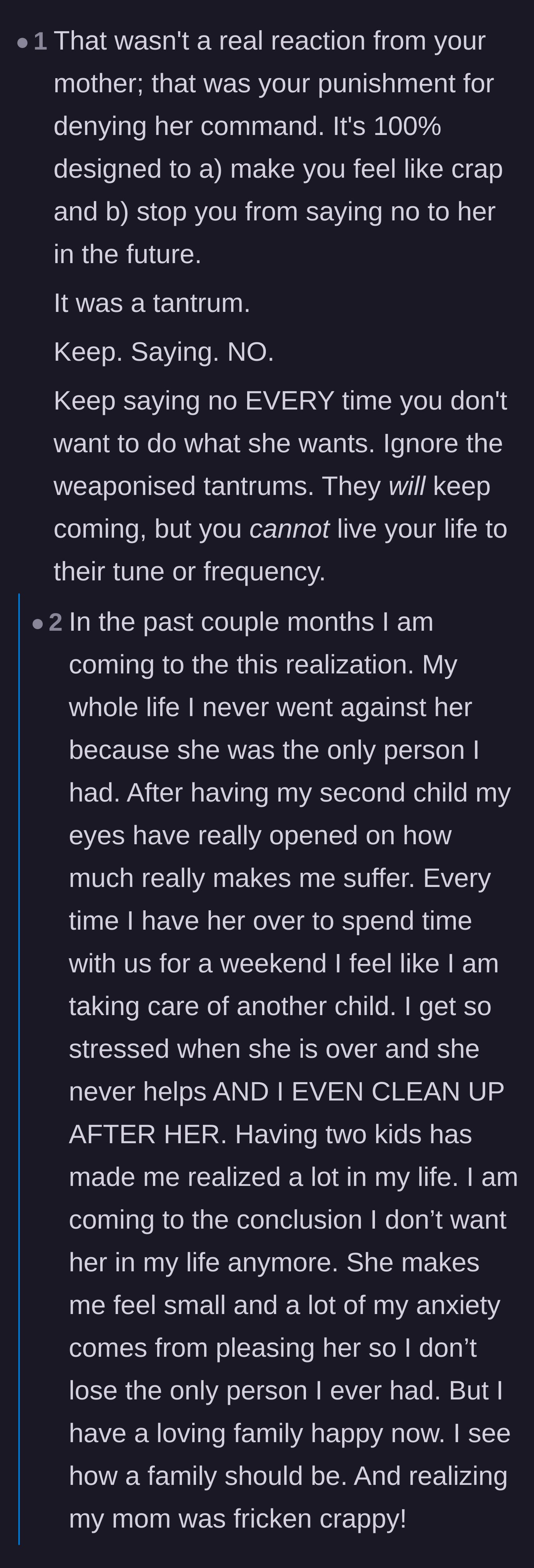 Comment thread 5 - Analyzing the mother's silent treatment as a weaponized tantrum to force future compliance.