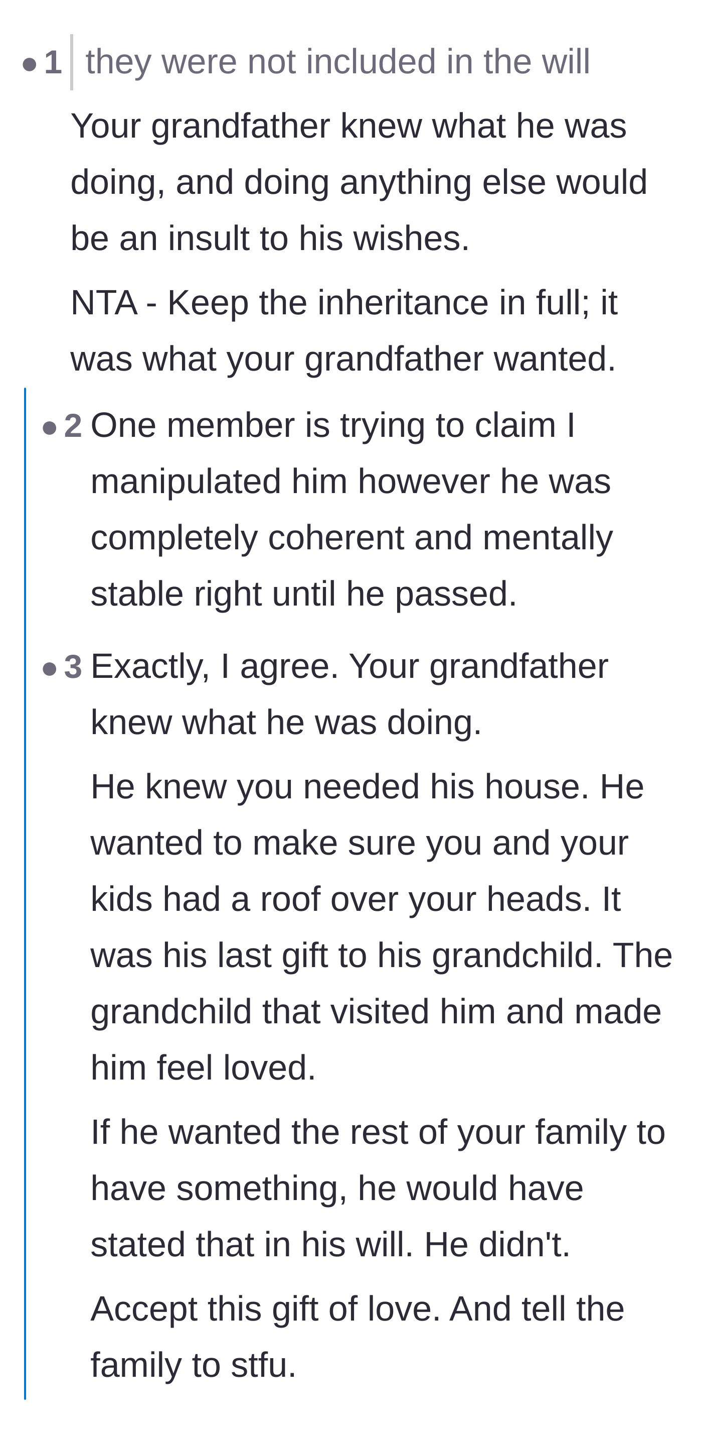 Comment thread 1 - Advice on ignoring empty legal threats, changing the locks, and securing valuables from greedy relatives.