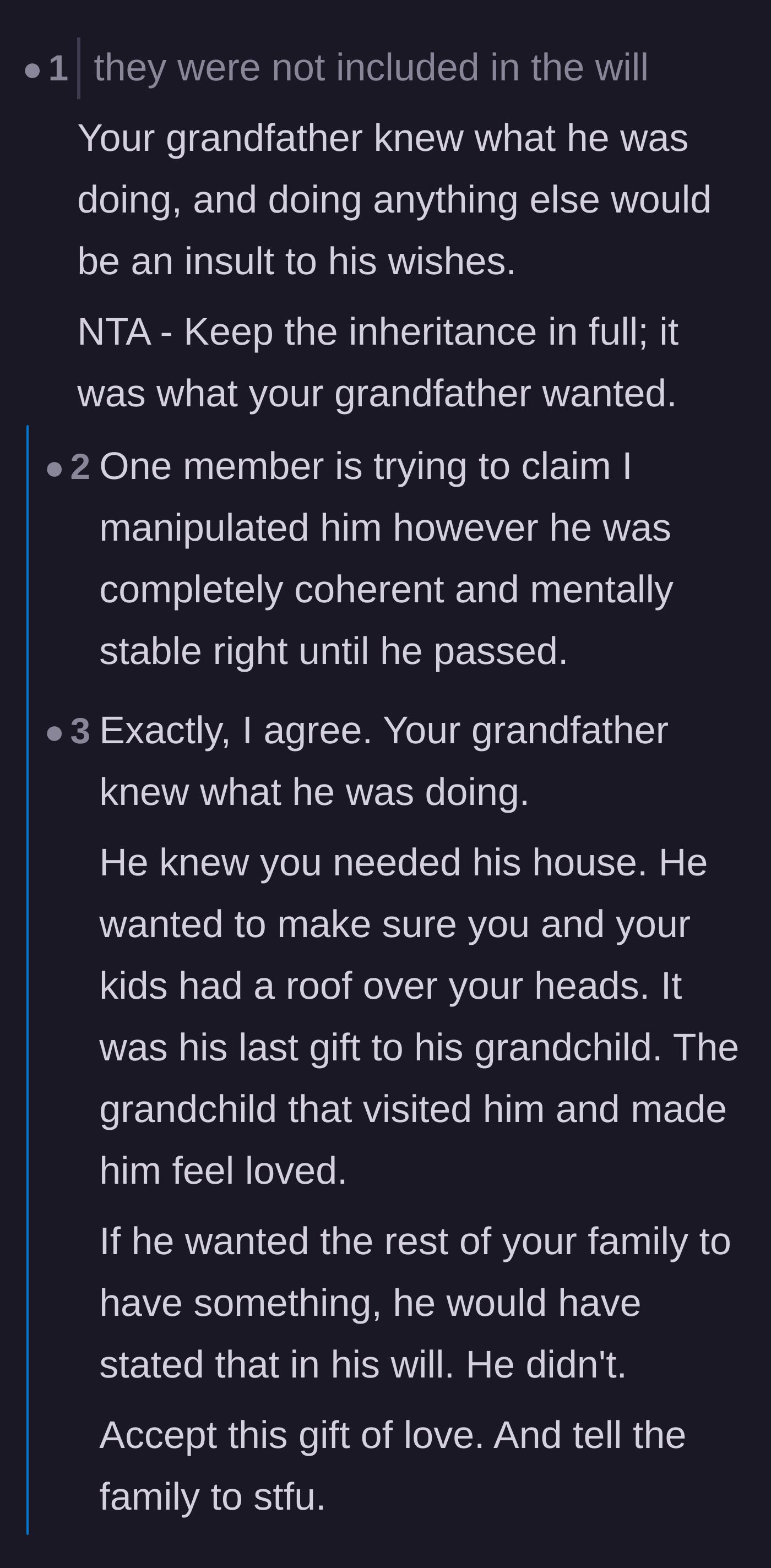 Comment thread 1 - Advice on ignoring empty legal threats, changing the locks, and securing valuables from greedy relatives.