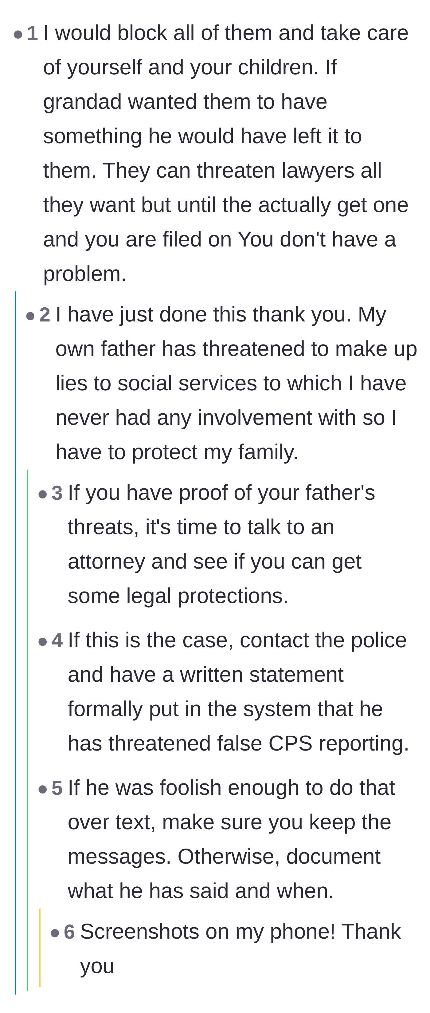 Comment thread 3 - The main character reveals her father threatened to call child protective services, and readers urge her to document the extortion.