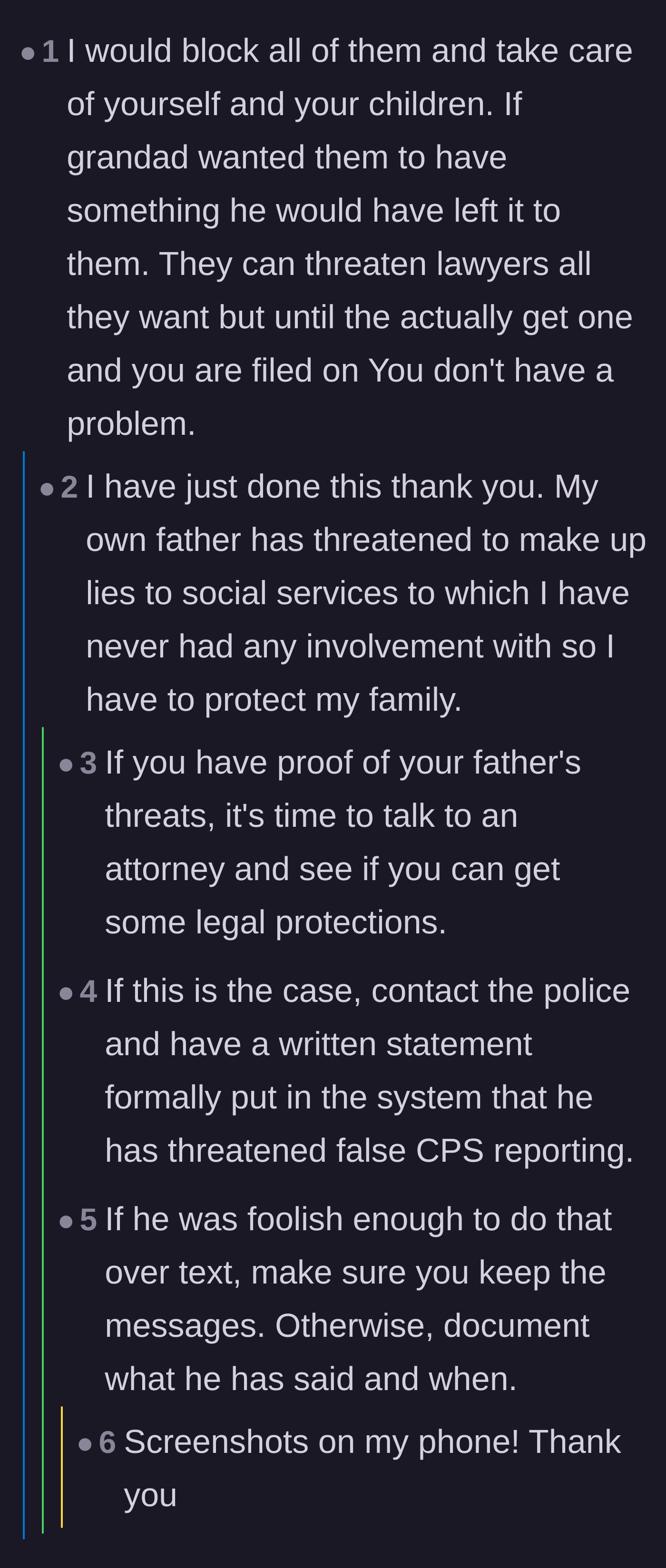 Comment thread 3 - The main character reveals her father threatened to call child protective services, and readers urge her to document the extortion.