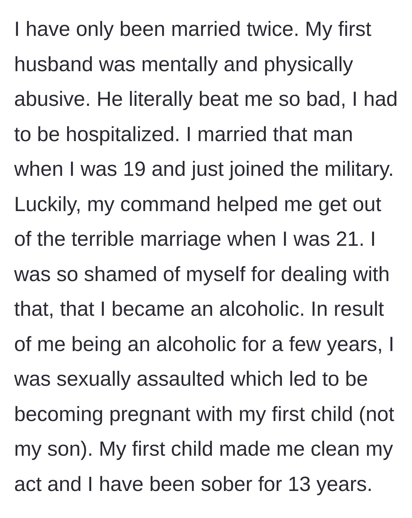 Story part 12 - The mother shares her tragic history of surviving severe abuse and overcoming alcoholism to build a sober life.