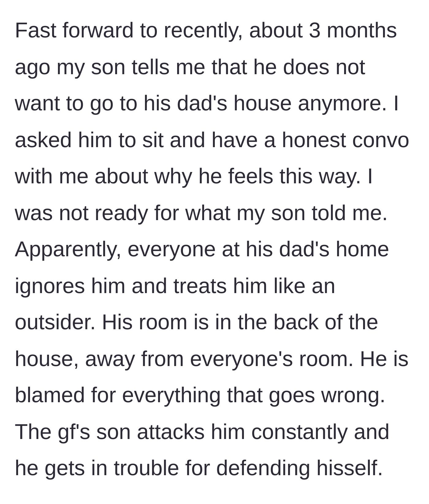 Story part 4 - The 11-year-old son tearfully confesses he no longer wants to visit his dad, detailing his severe alienation.
