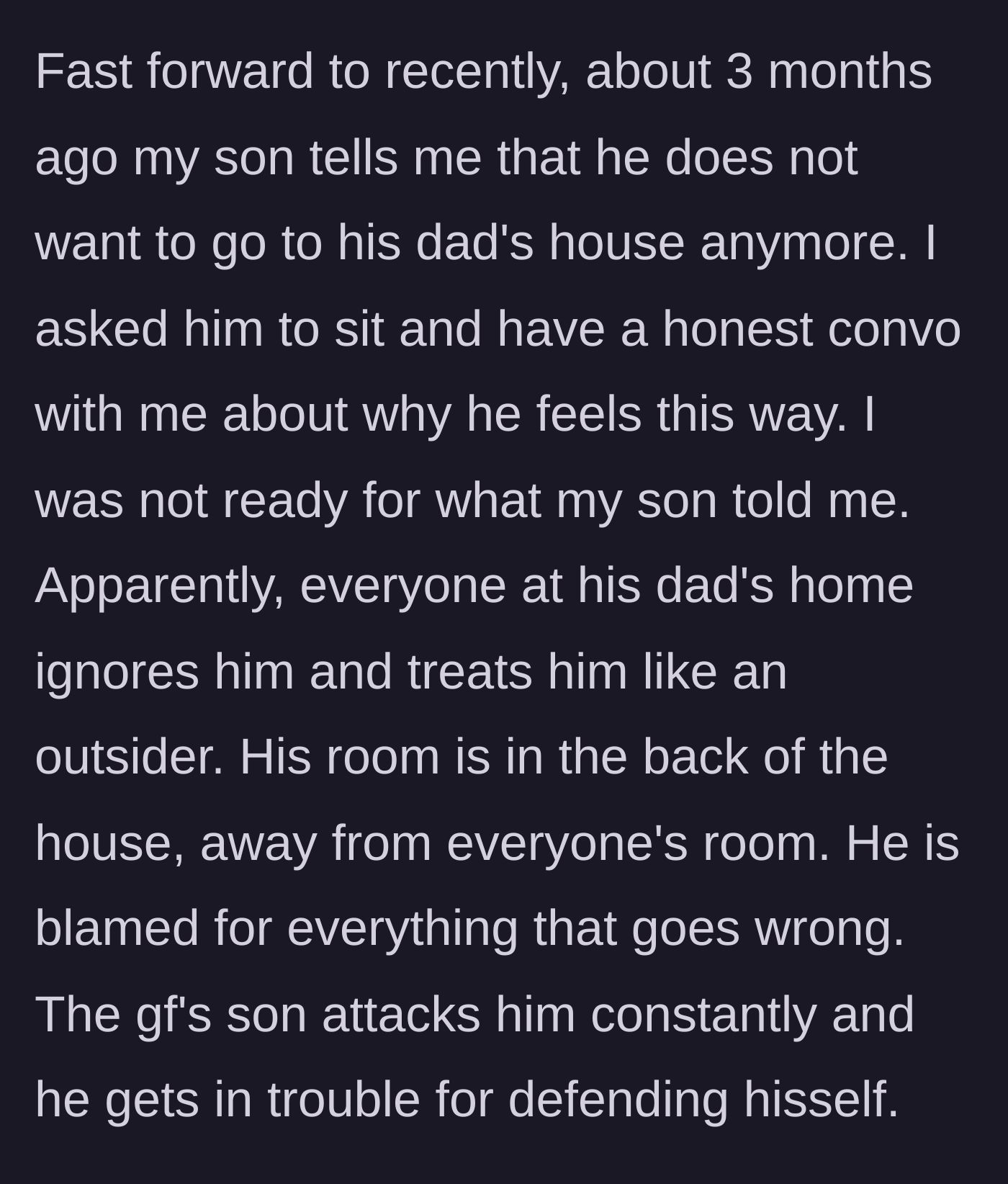 Story part 4 - The 11-year-old son tearfully confesses he no longer wants to visit his dad, detailing his severe alienation.