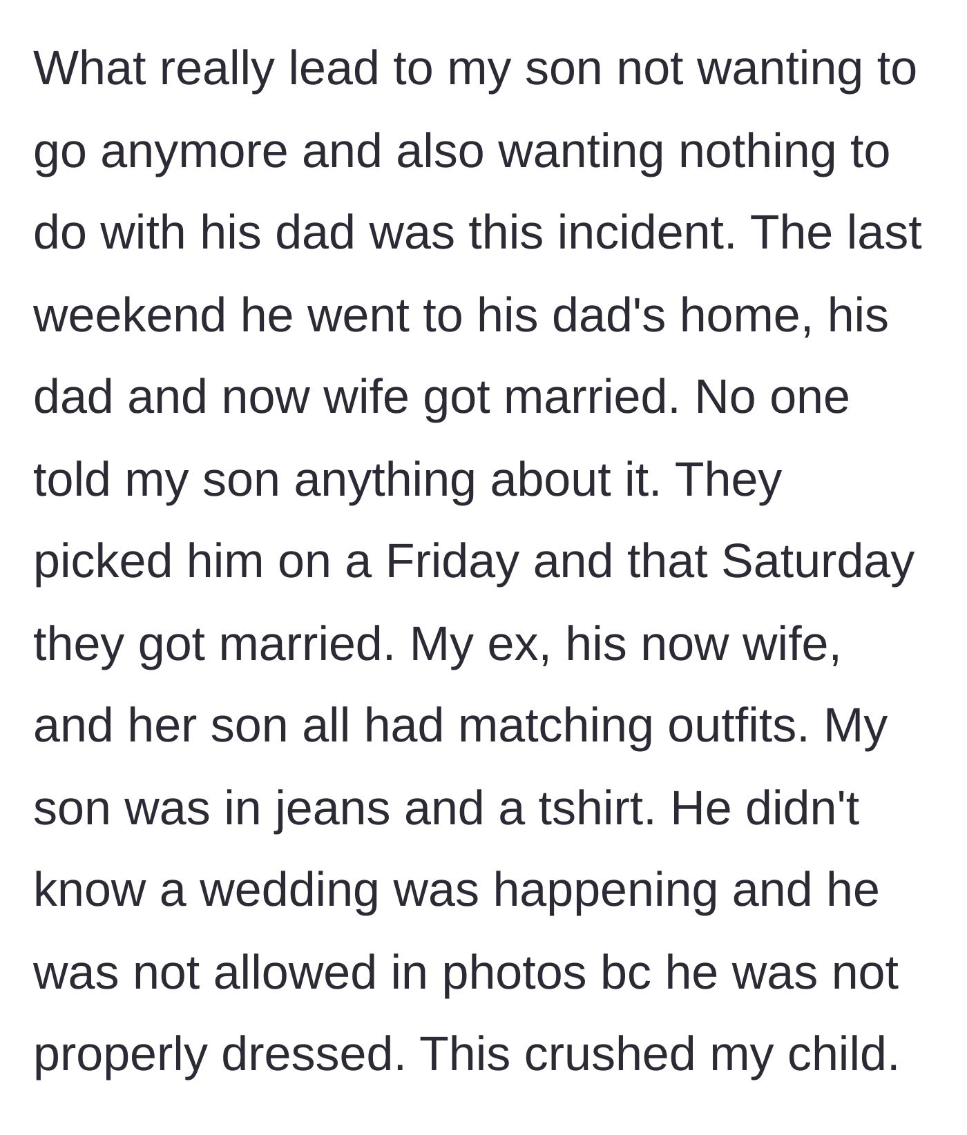 Story part 7 - The father and new wife get married in matching outfits while the son is kept in the dark and excluded from photos.