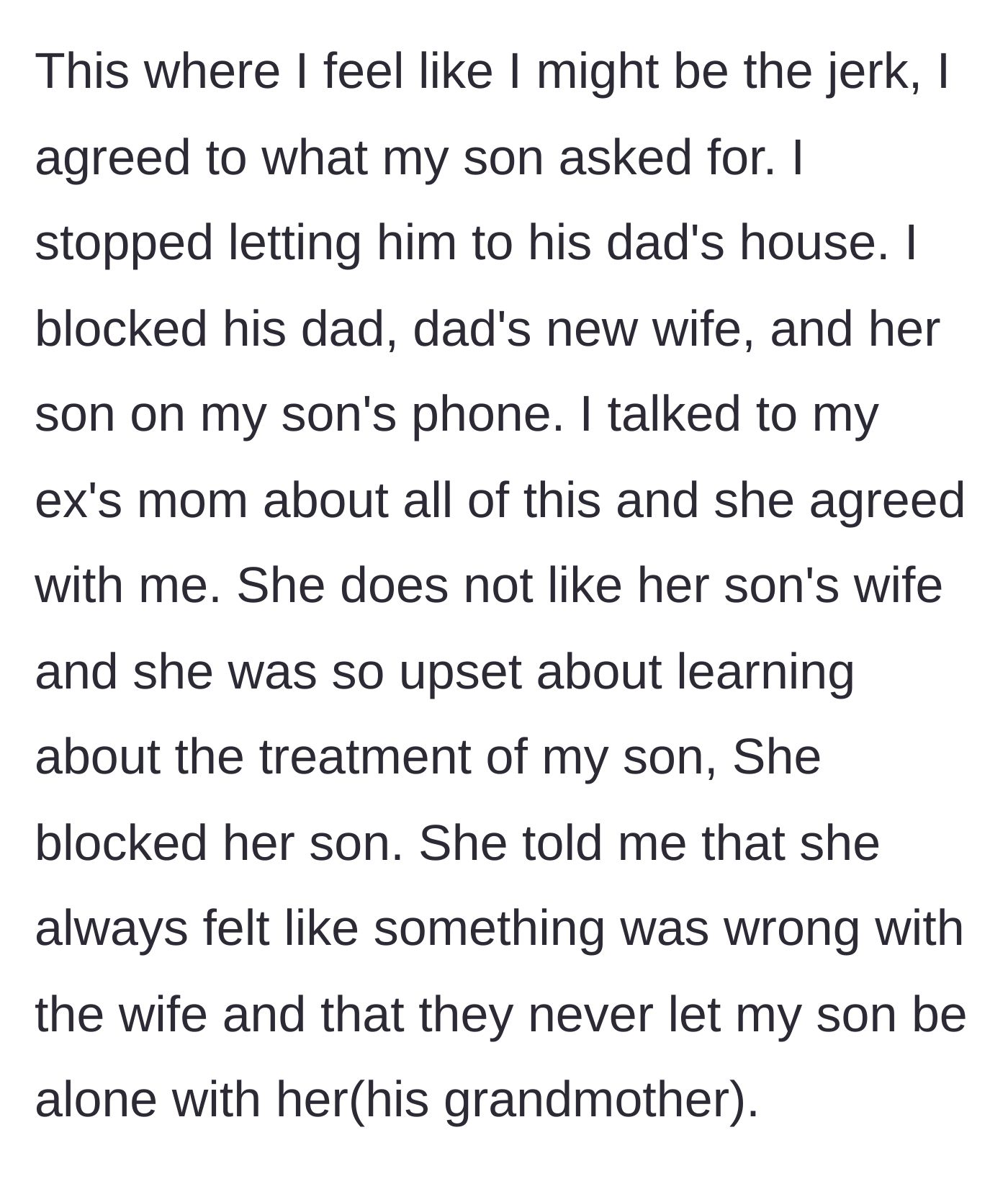 Story part 9 - The mother cuts off all contact, blocking the father and his new family, an action fully supported by the boy's grandmother.