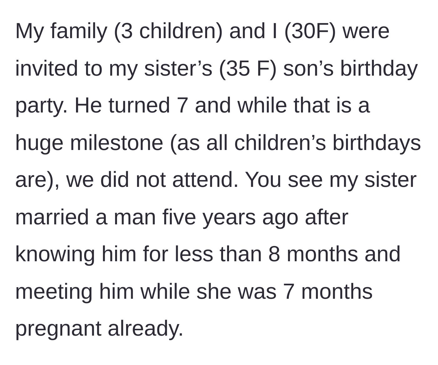 Story part 1 - A mother declines her 7-year-old nephew's birthday invitation due to her sister's rushed and unstable marriage.