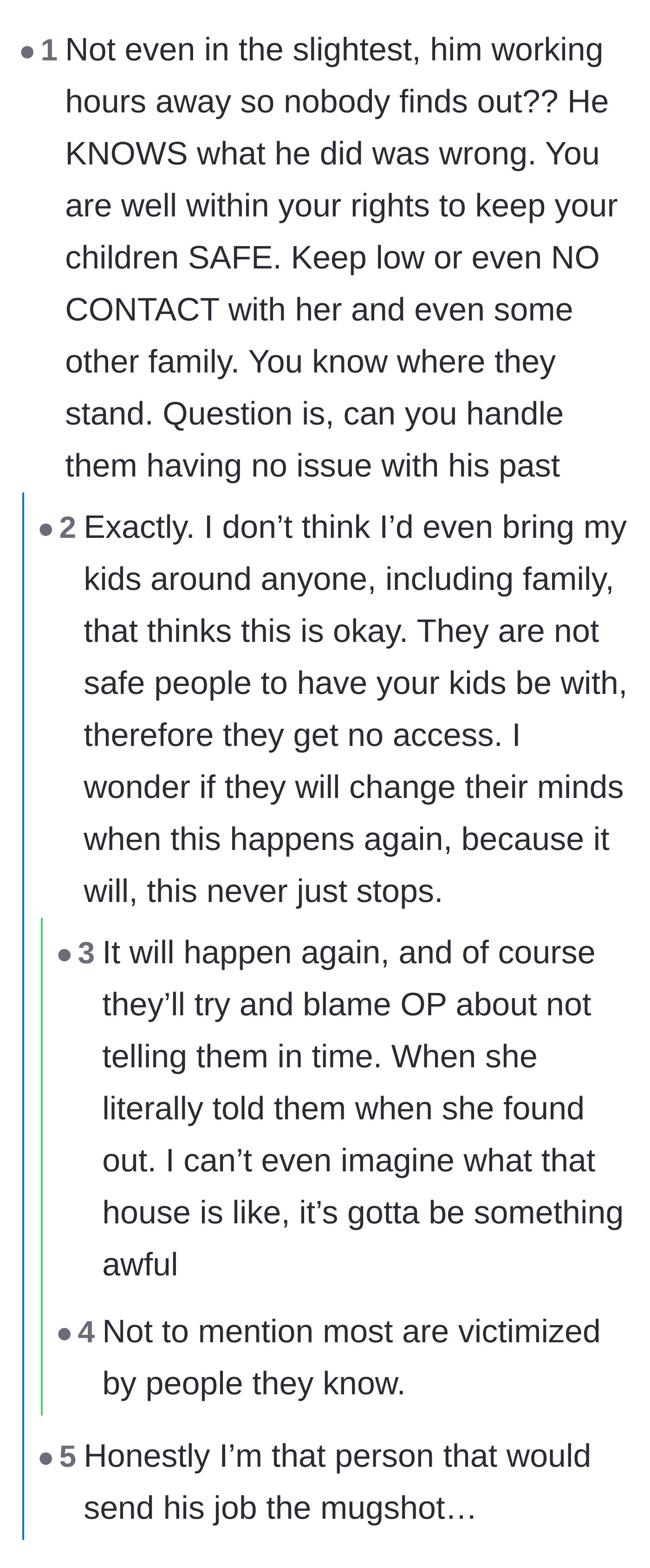 Comment thread 1 - A deep dive into the deliberate tactics the husband uses to hide his past and suggestions to notify the nephew's school.