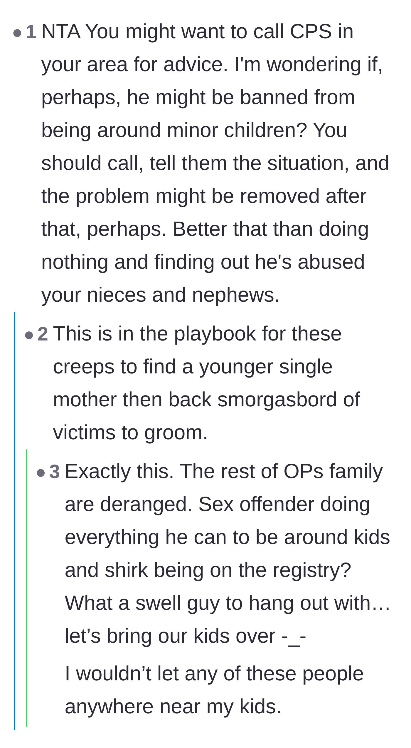 Comment thread 4 - Advice urging the main character to contact child protective services and pointing out the predatory tactics used to target vulnerable single mothers.