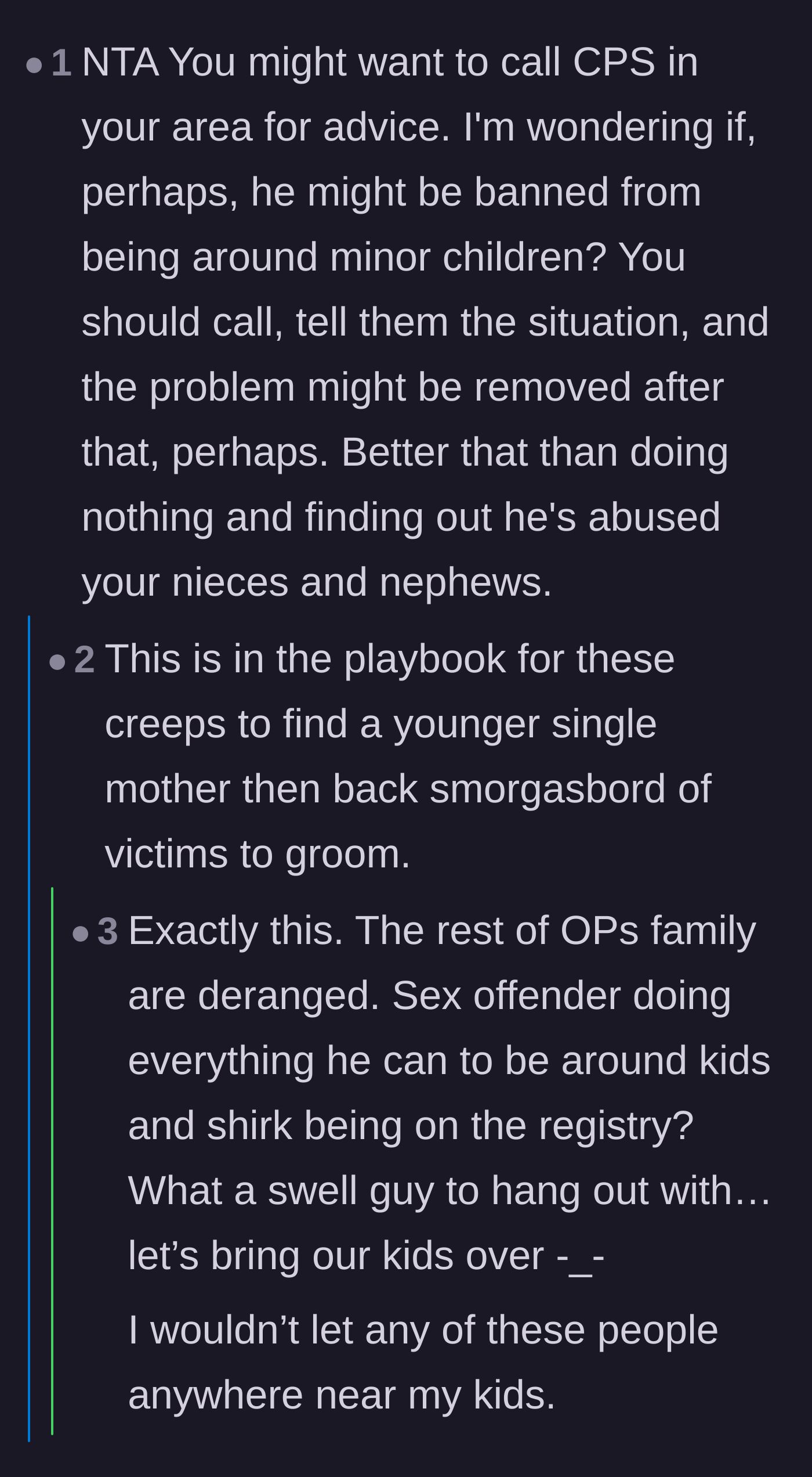 Comment thread 4 - Advice urging the main character to contact child protective services and pointing out the predatory tactics used to target vulnerable single mothers.