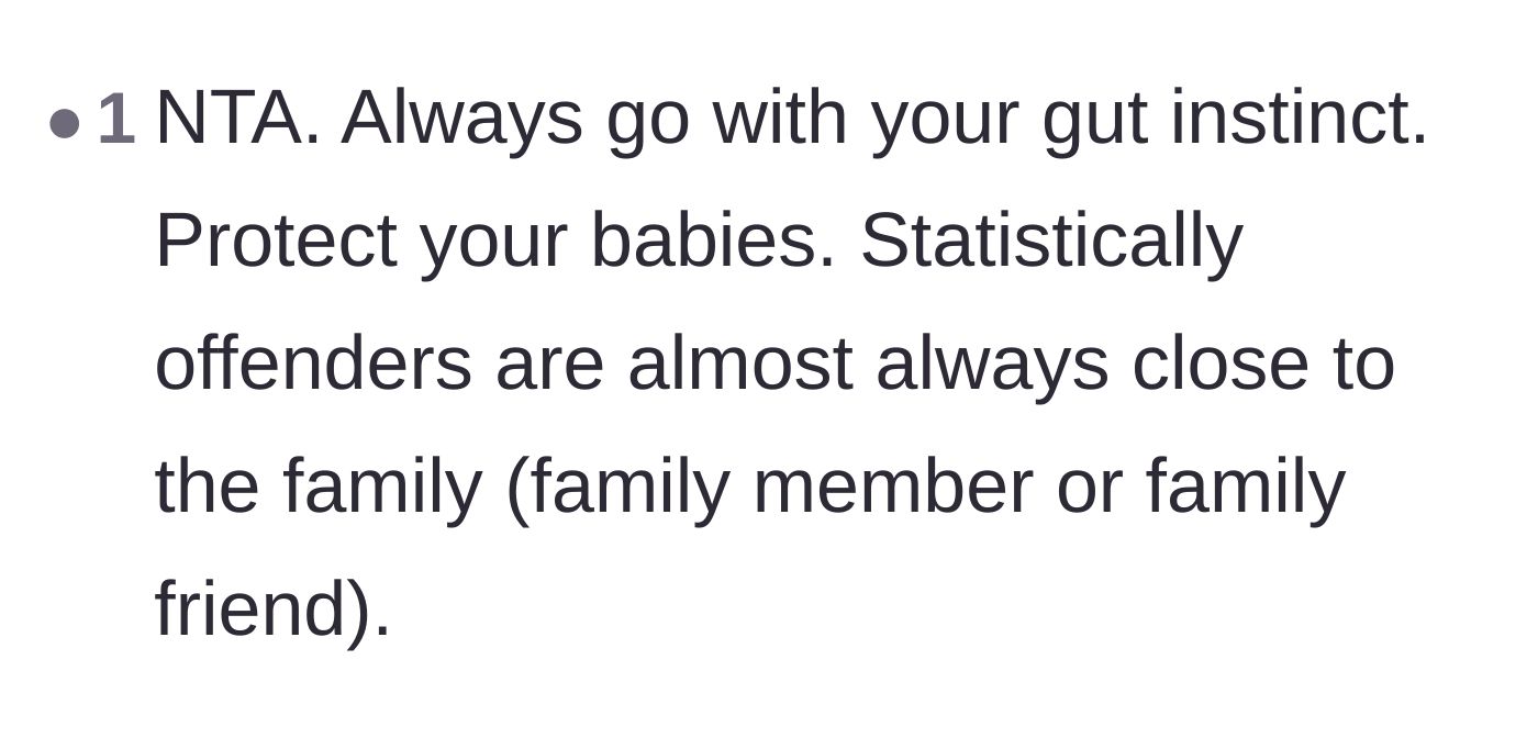 Comment thread 5 - A reminder to trust one's maternal instincts and citing statistics about abuse occurring within families.