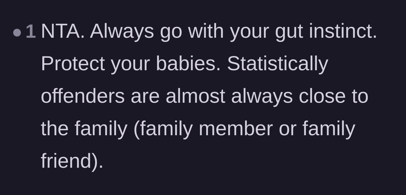 Comment thread 5 - A reminder to trust one's maternal instincts and citing statistics about abuse occurring within families.
