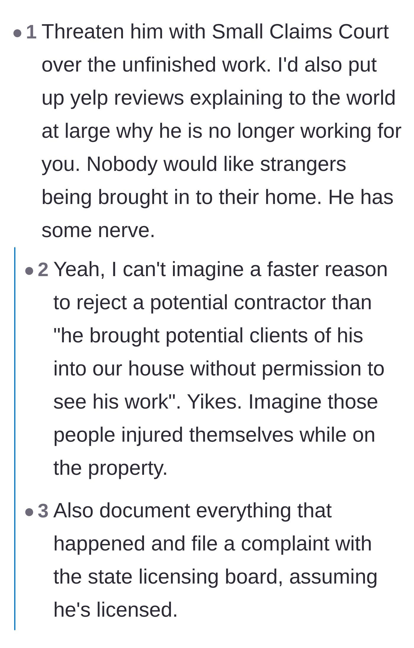 Comment thread 4 - Advice on taking the builder to small claims court and reporting his conduct to the licensing board