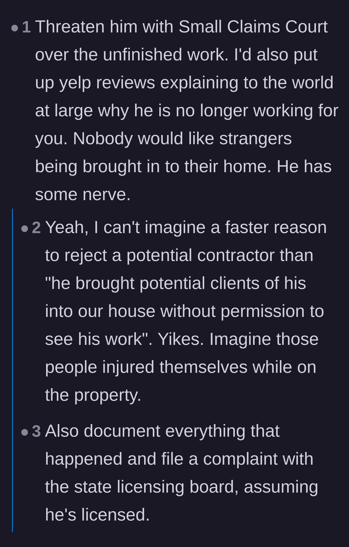 Comment thread 4 - Advice on taking the builder to small claims court and reporting his conduct to the licensing board