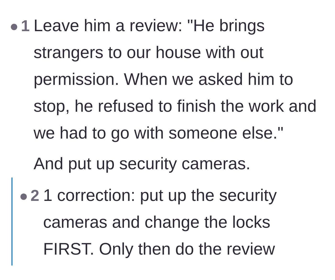 Comment thread 5 - A crucial reminder to change the locks and install security cameras before posting a negative review online