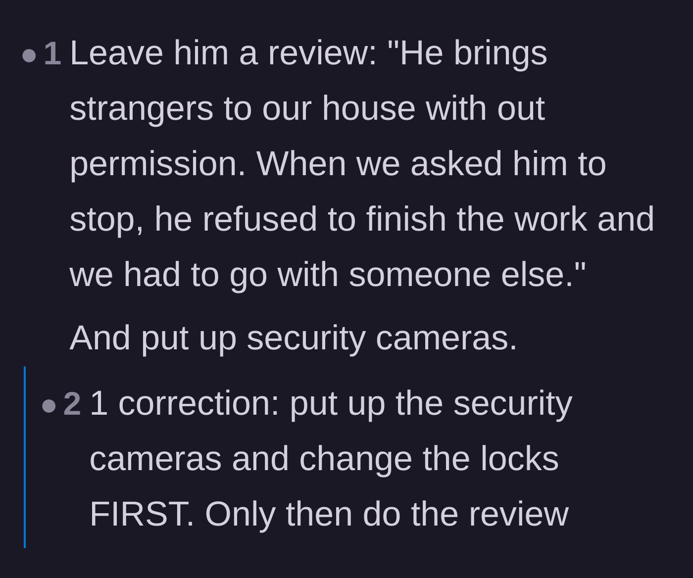 Comment thread 5 - A crucial reminder to change the locks and install security cameras before posting a negative review online
