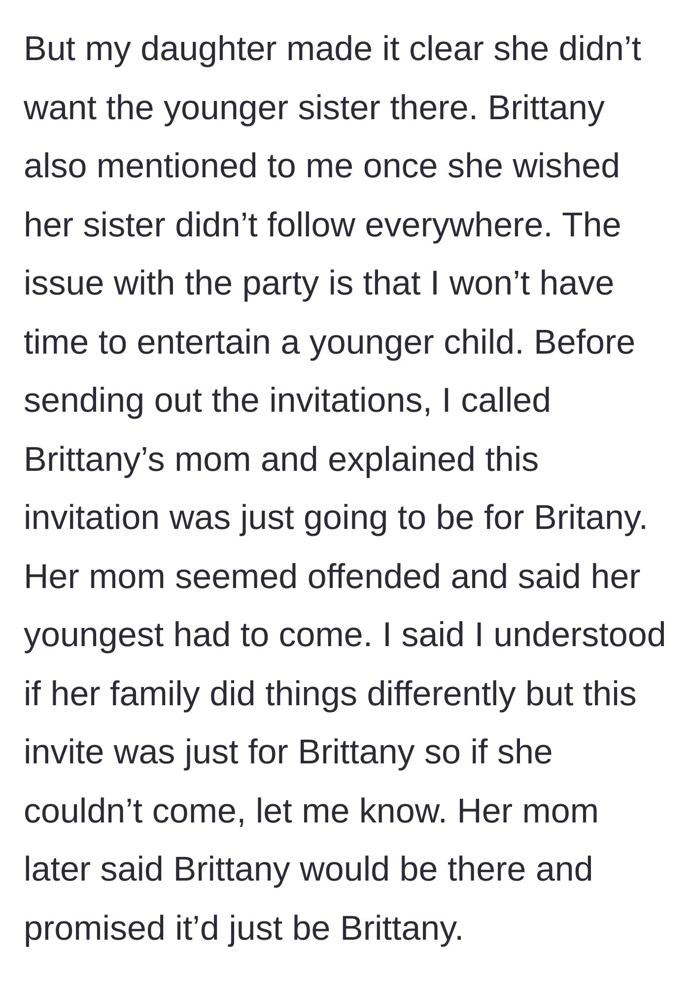Story part 3 - The host calls the guest's mother to clarify that the five-year-old is not invited, and the mother reluctantly agrees.