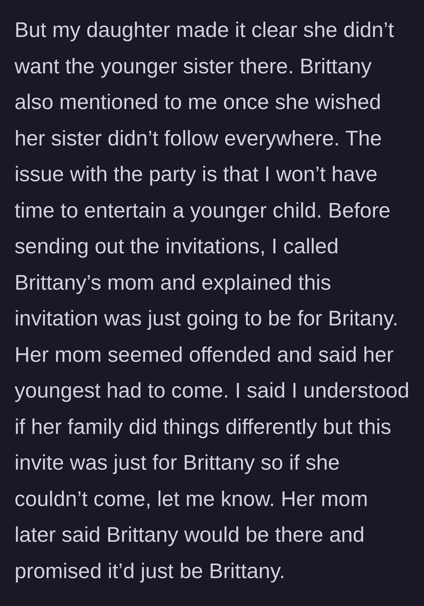 Story part 3 - The host calls the guest's mother to clarify that the five-year-old is not invited, and the mother reluctantly agrees.