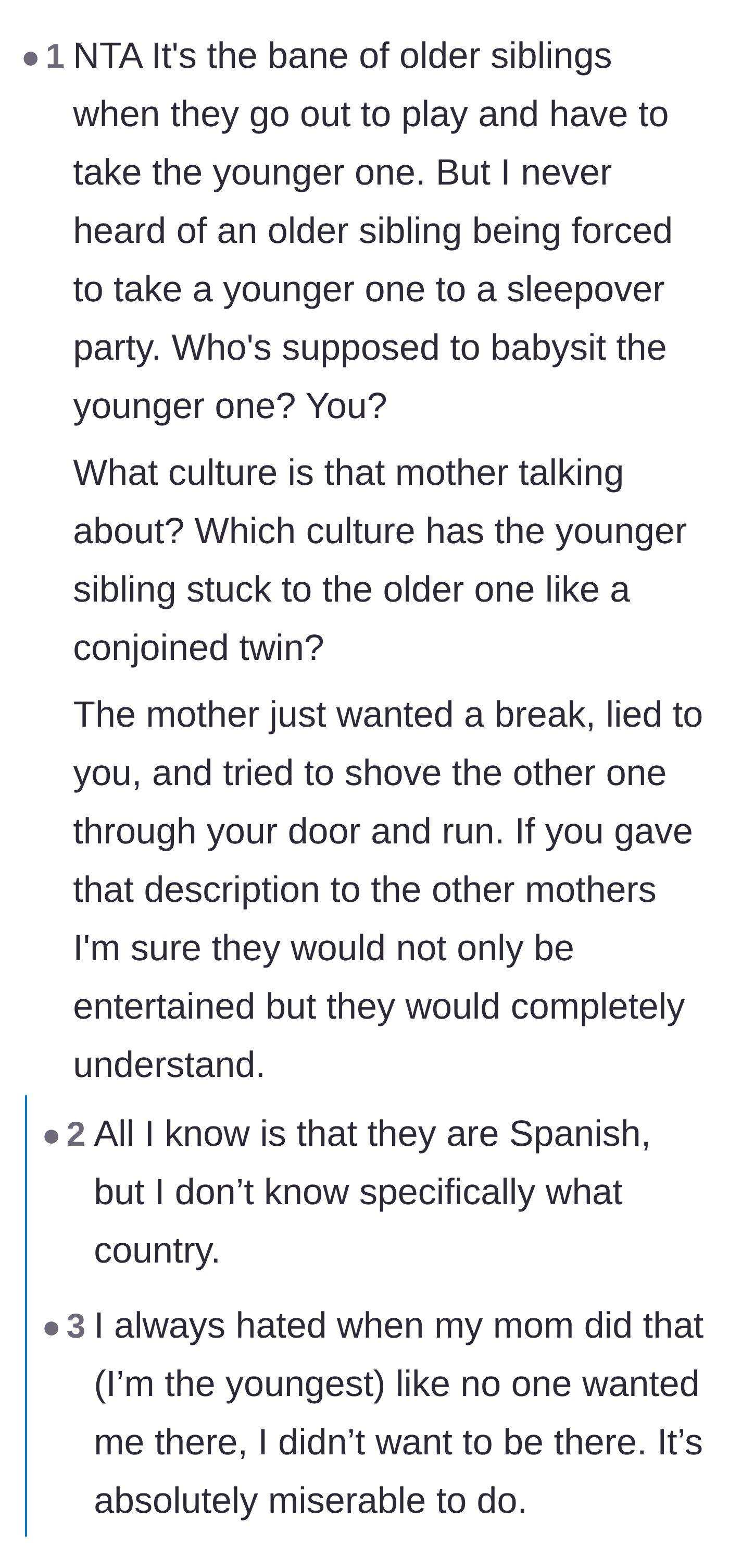 Comment thread 2 - A discussion on international cultural norms regarding siblings at events, noting that sleepovers are universally an exception.