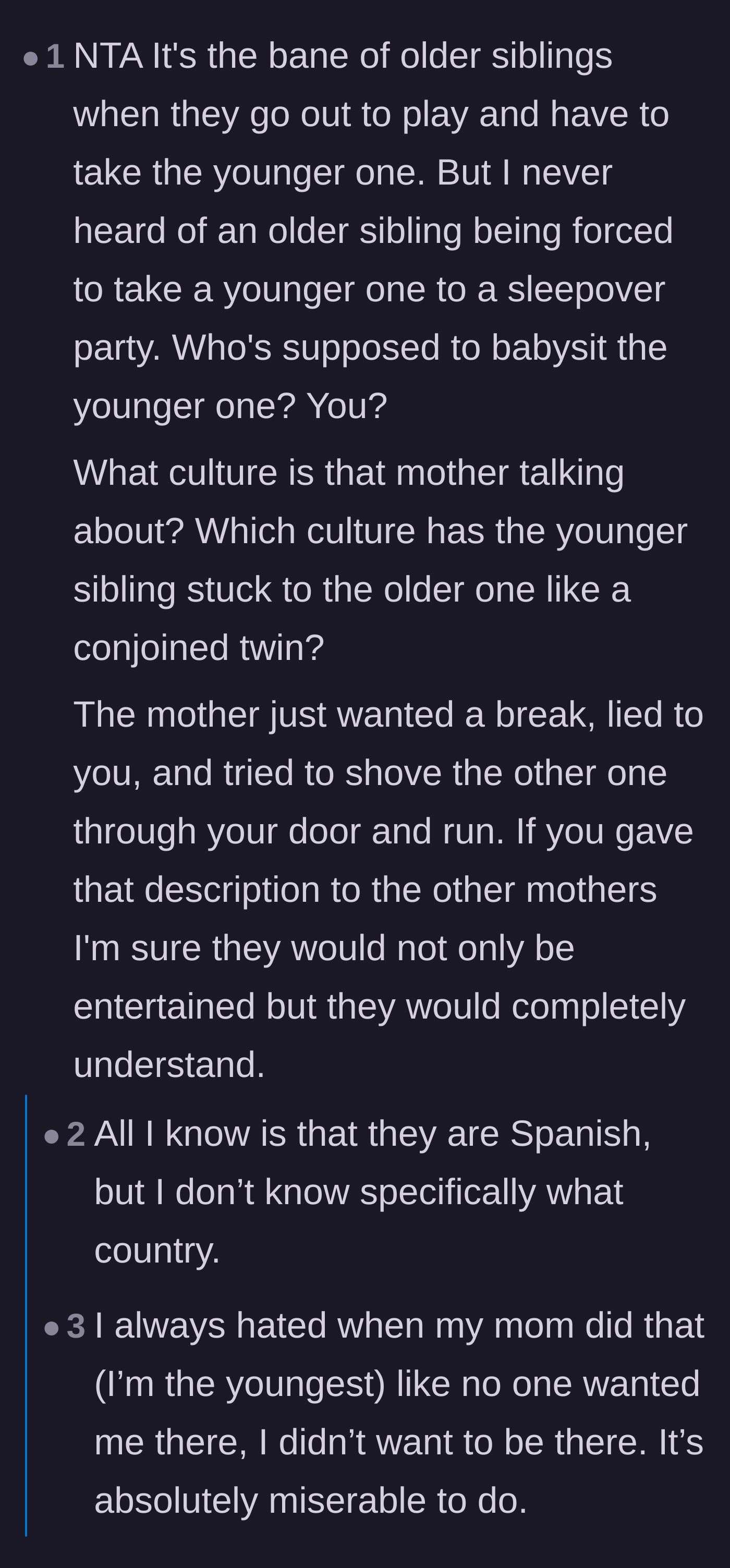 Comment thread 2 - A discussion on international cultural norms regarding siblings at events, noting that sleepovers are universally an exception.