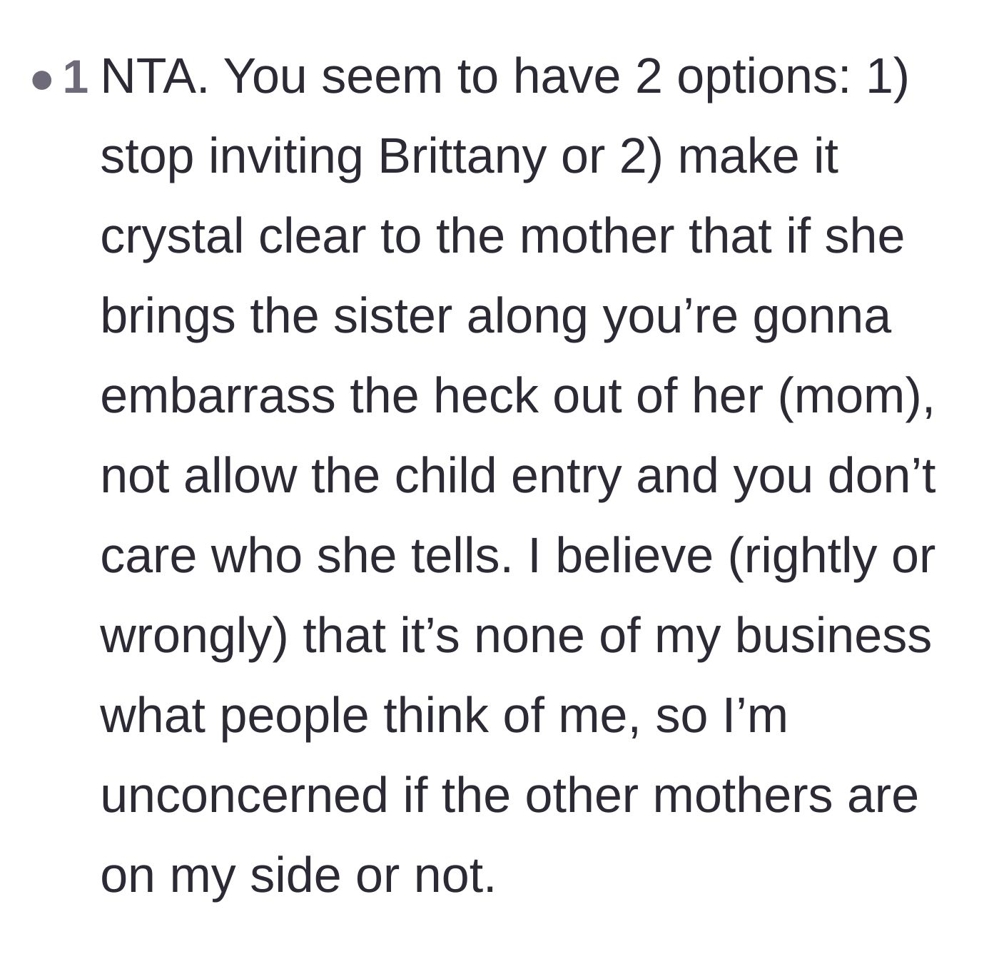 Comment thread 4 - Advice on how to handle the mother moving forward, including dropping the friendship or establishing unapologetic public boundaries.