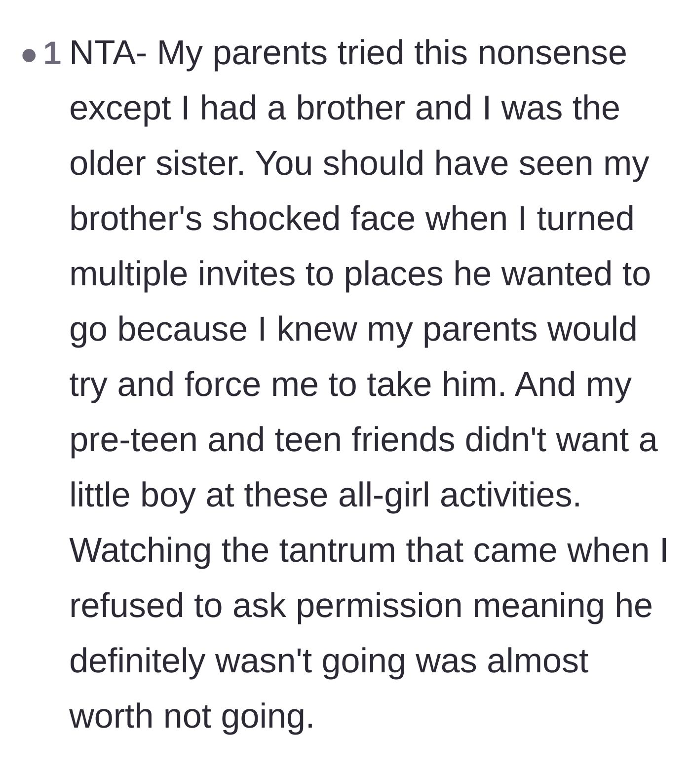 Comment thread 5 - A user shares a personal childhood story of turning down invitations just to prevent their parents from forcing a younger sibling to tag along.