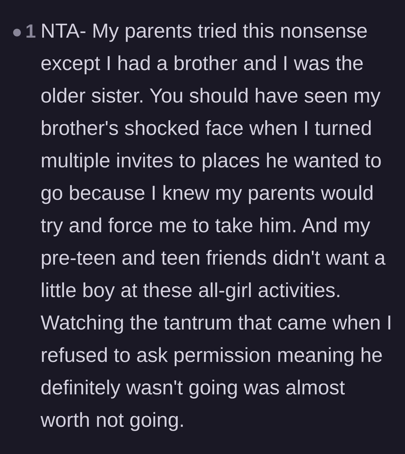 Comment thread 5 - A user shares a personal childhood story of turning down invitations just to prevent their parents from forcing a younger sibling to tag along.