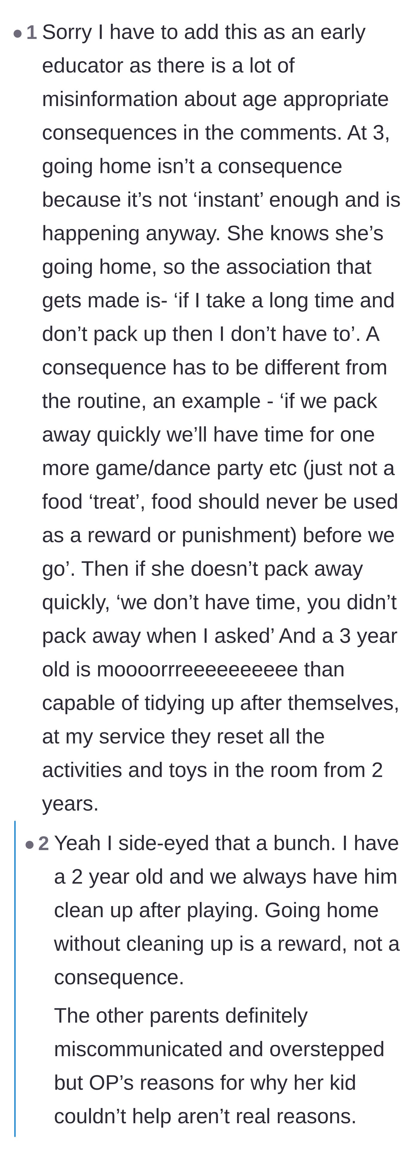Comment thread 1 - Early childhood educator explains why leaving is not an effective consequence for a toddler refusing to clean.