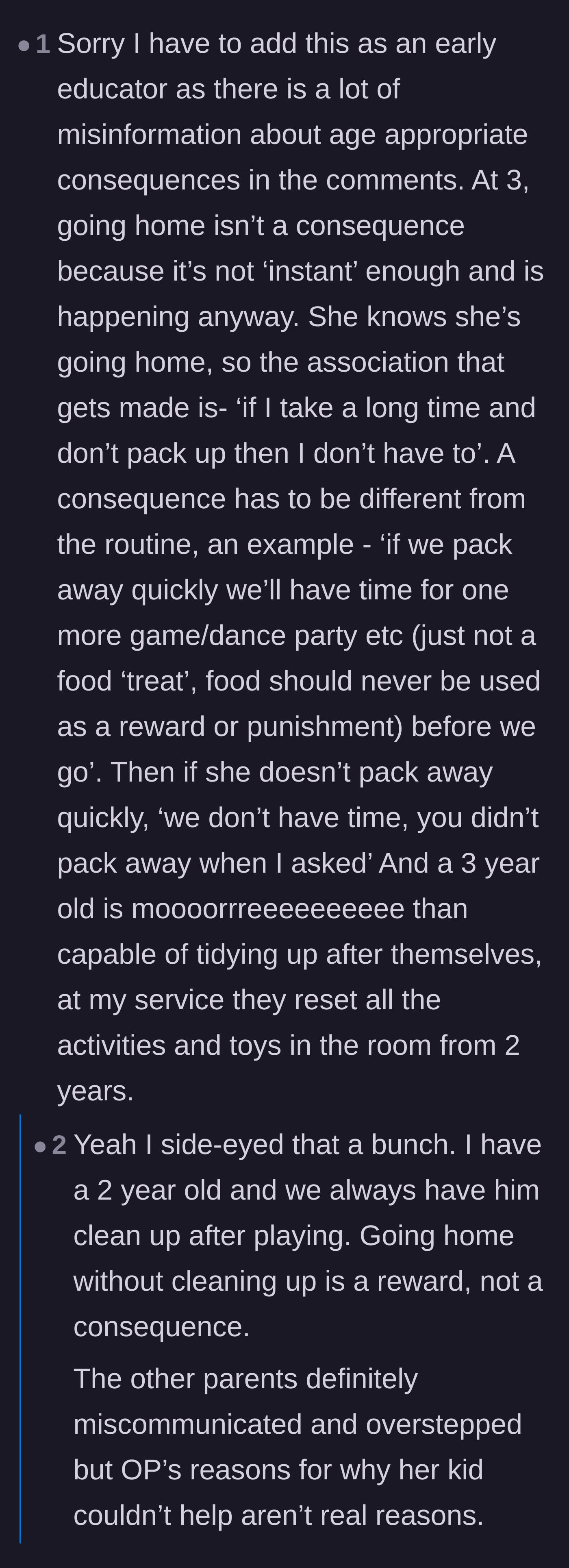 Comment thread 1 - Early childhood educator explains why leaving is not an effective consequence for a toddler refusing to clean.
