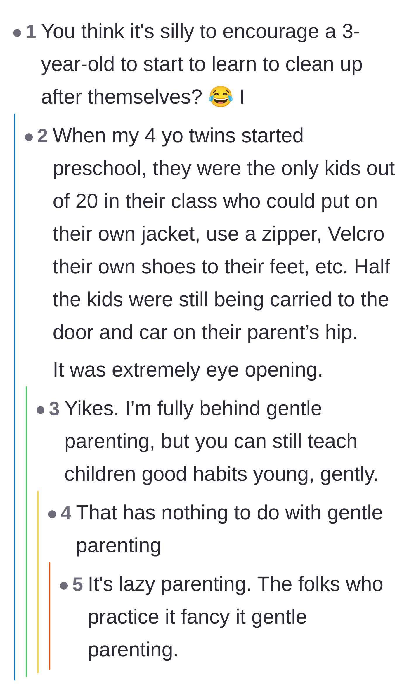 Comment thread 5 - Discussion mocking the idea that three-year-olds cannot clean and criticizing lazy parenting trends.