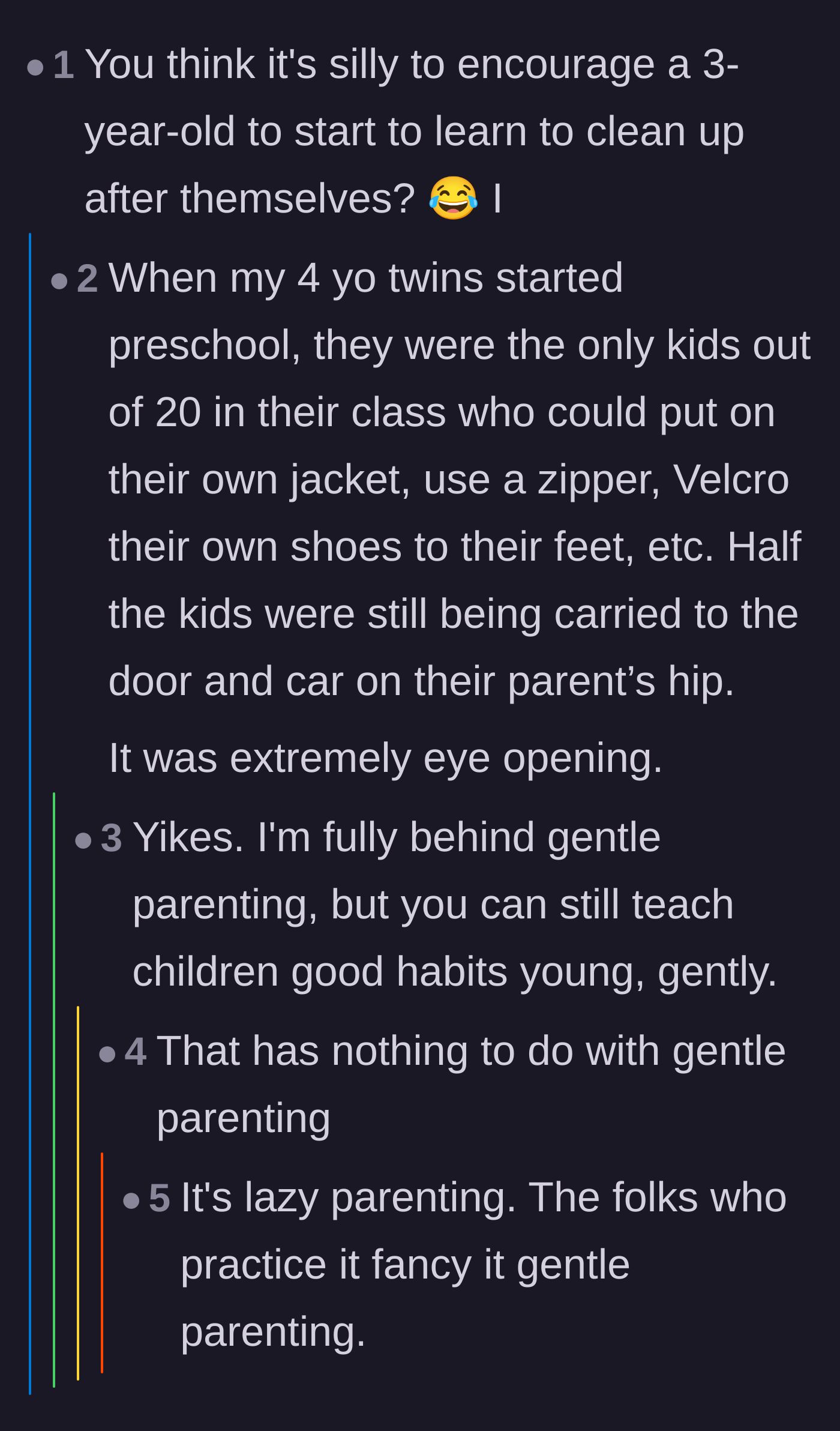 Comment thread 5 - Discussion mocking the idea that three-year-olds cannot clean and criticizing lazy parenting trends.