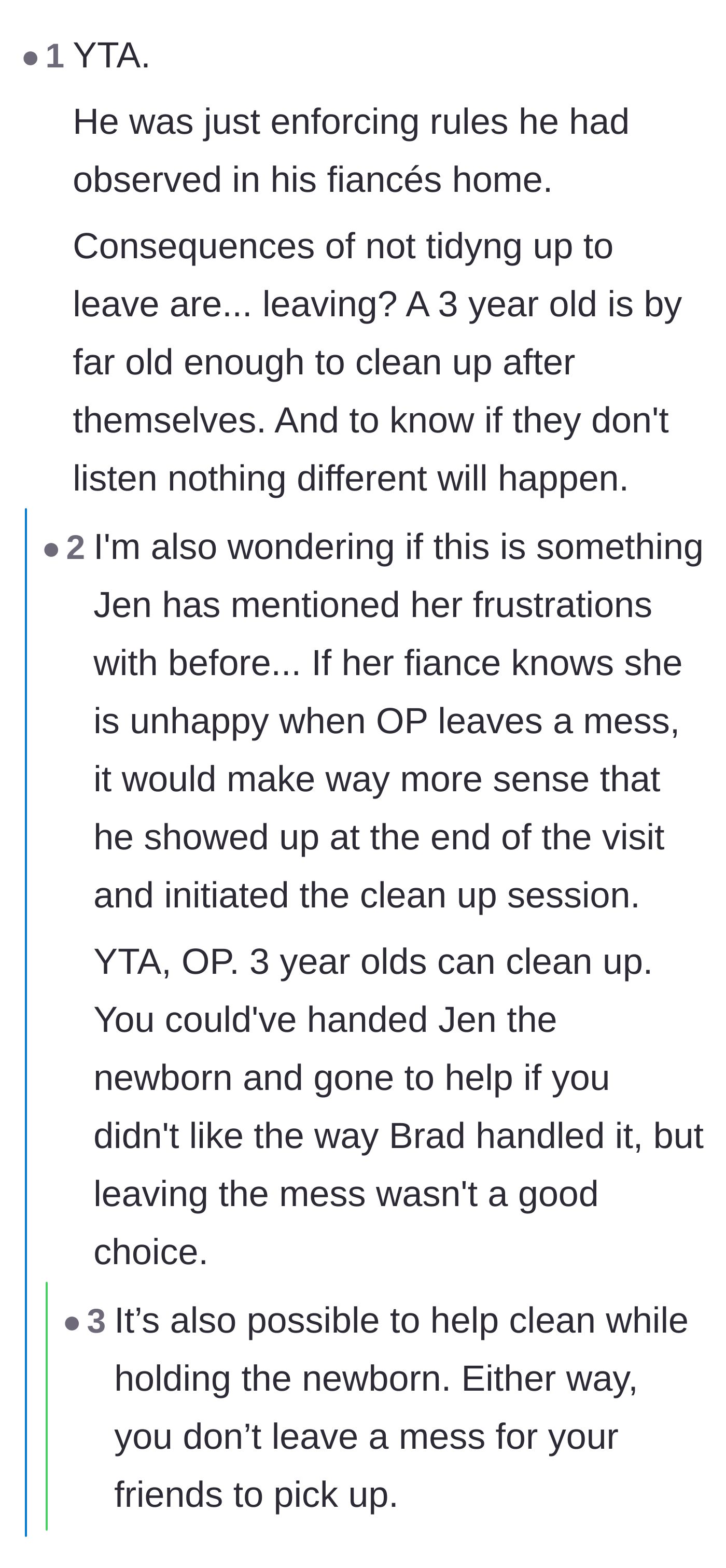 Comment thread 6 - Speculation that the friend was tired of the mother leaving messes, prompting the fiancé to intervene.