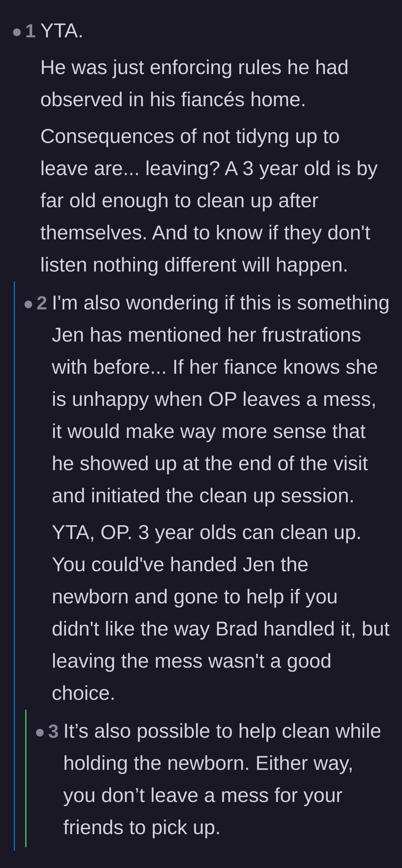 Comment thread 6 - Speculation that the friend was tired of the mother leaving messes, prompting the fiancé to intervene.