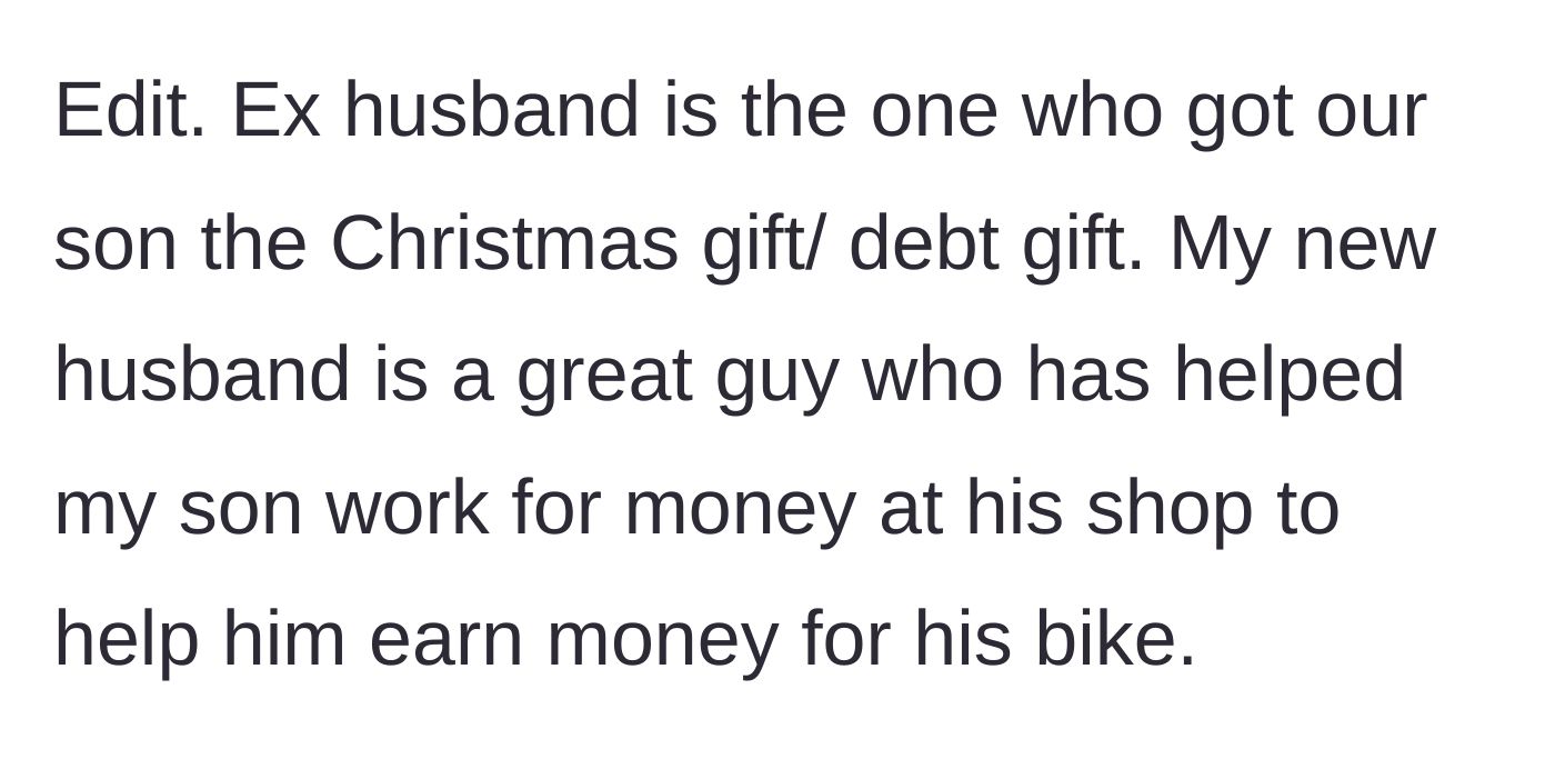 Story part 5 - The mother clarifies that her ex-husband gave the debt-laden gift, while her new husband is the one actually helping the son earn money.