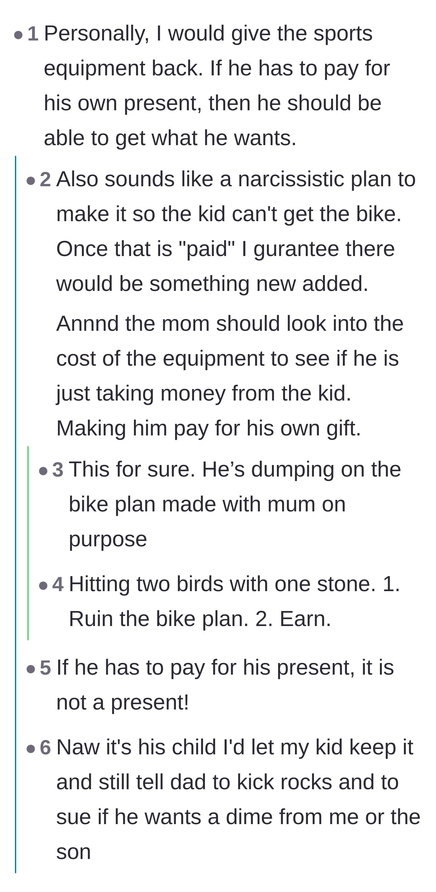 Comment thread 1 - Readers advise returning the sports equipment and point out the father's calculated attempt to sabotage the bike savings.