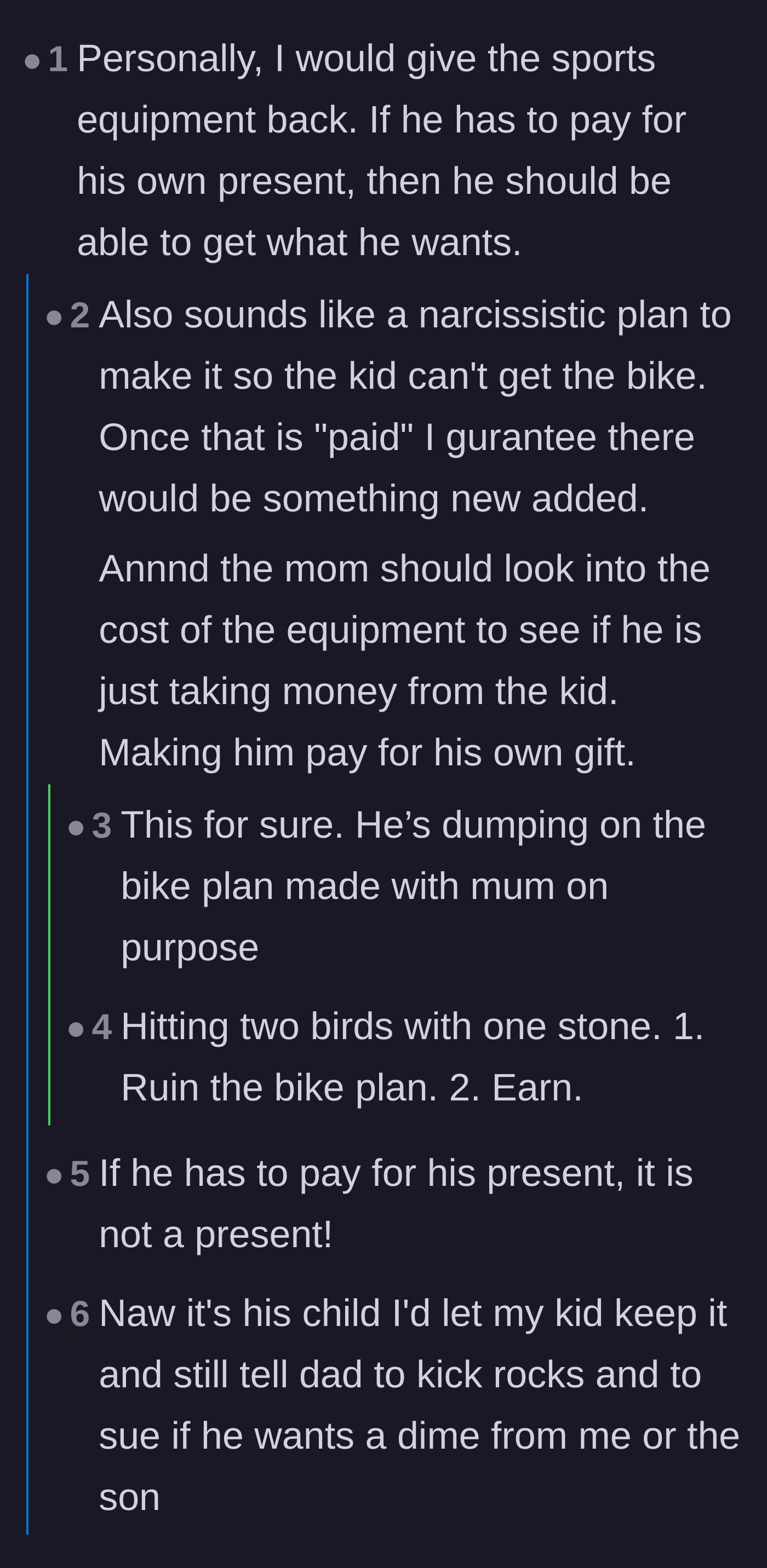 Comment thread 1 - Readers advise returning the sports equipment and point out the father's calculated attempt to sabotage the bike savings.