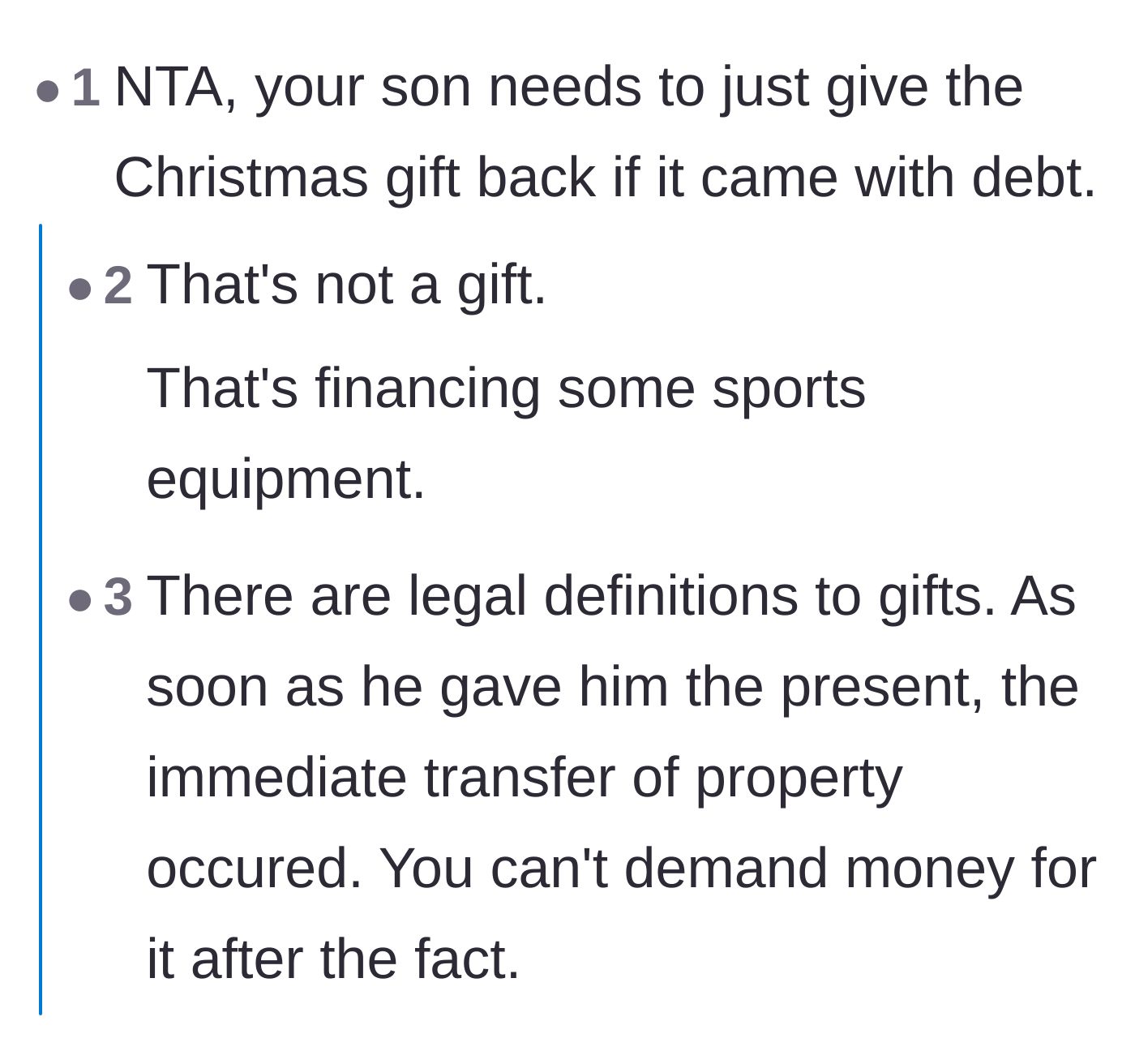 Comment thread 3 - Discussion on the legal definition of a gift and how the father's actions amount to unauthorized financing.