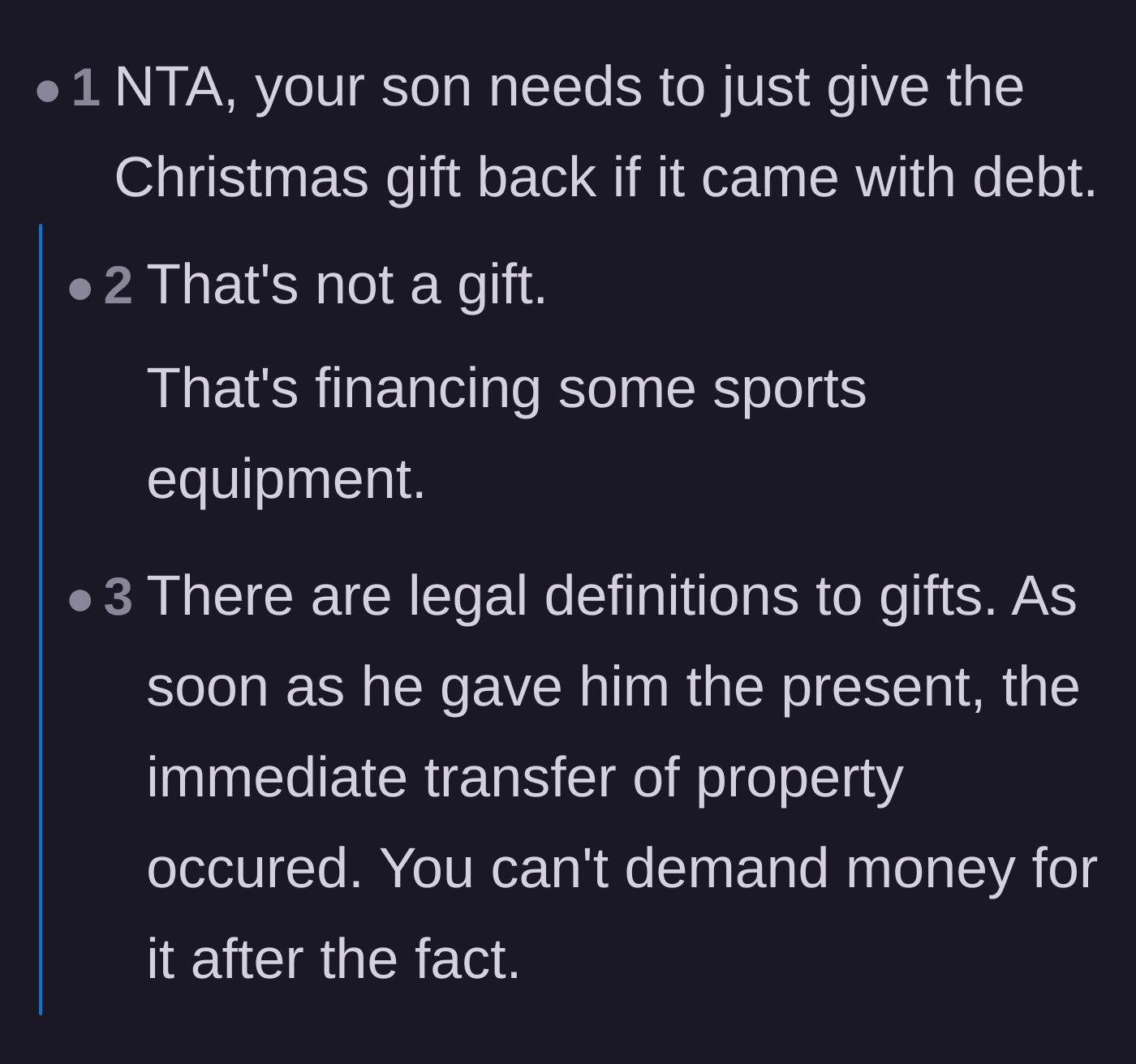 Comment thread 3 - Discussion on the legal definition of a gift and how the father's actions amount to unauthorized financing.