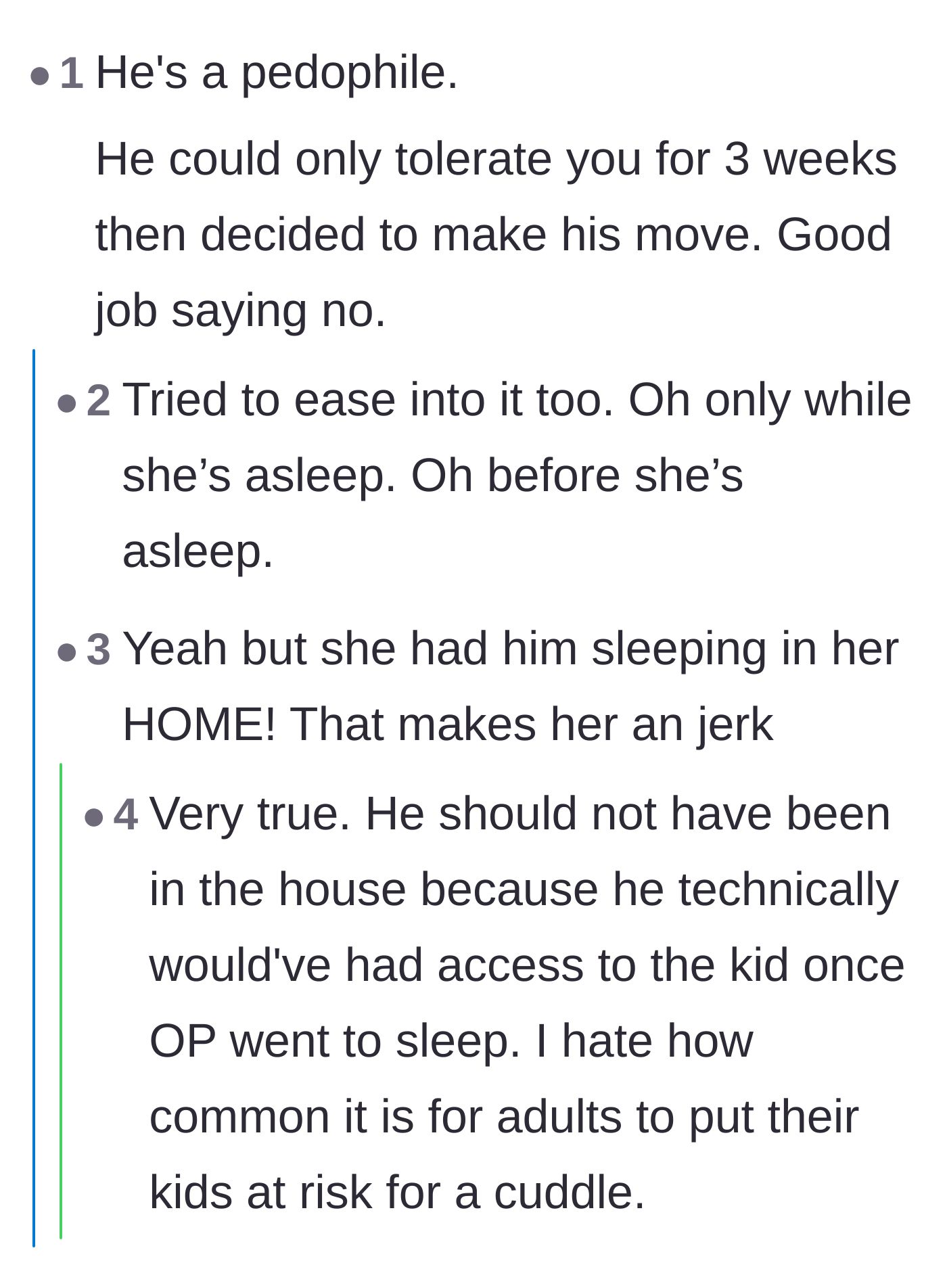 Comment thread 2 - Commenters debating the boyfriend's deeply suspicious intentions and the mother's risky choice to let him stay overnight.