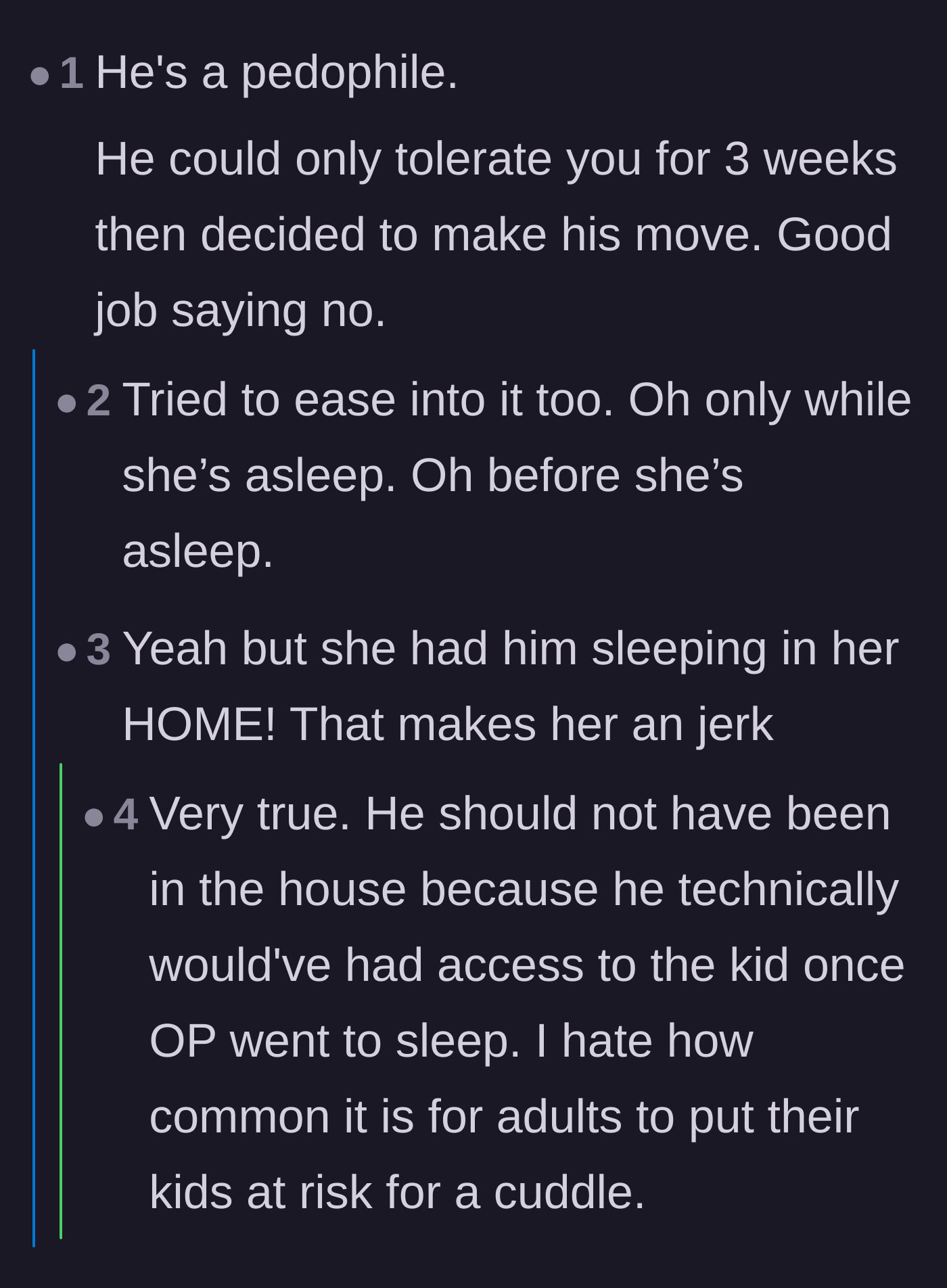 Comment thread 2 - Commenters debating the boyfriend's deeply suspicious intentions and the mother's risky choice to let him stay overnight.