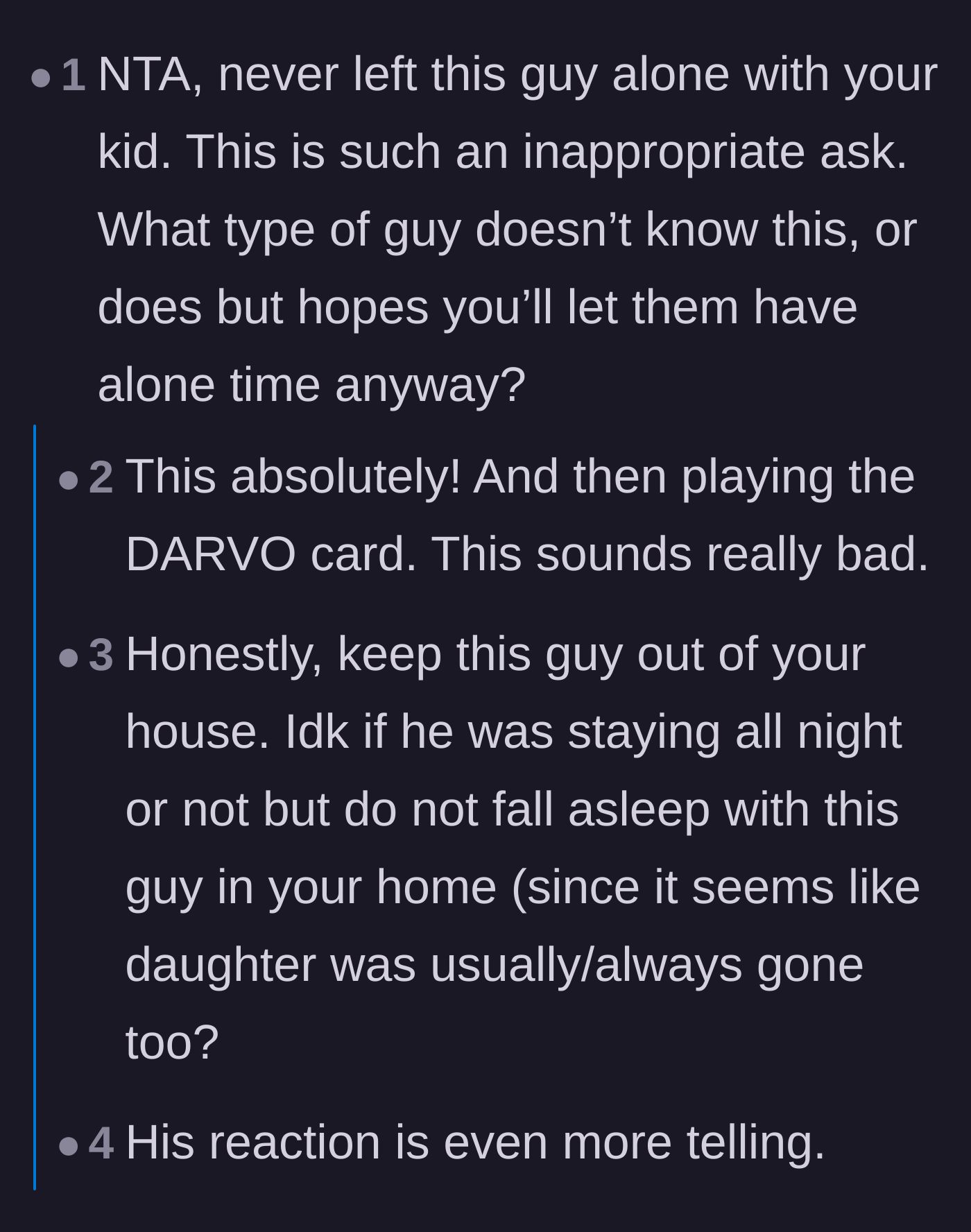 Comment thread 6 - A thread breaking down the boyfriend's manipulative DARVO tactics and inappropriate demands.