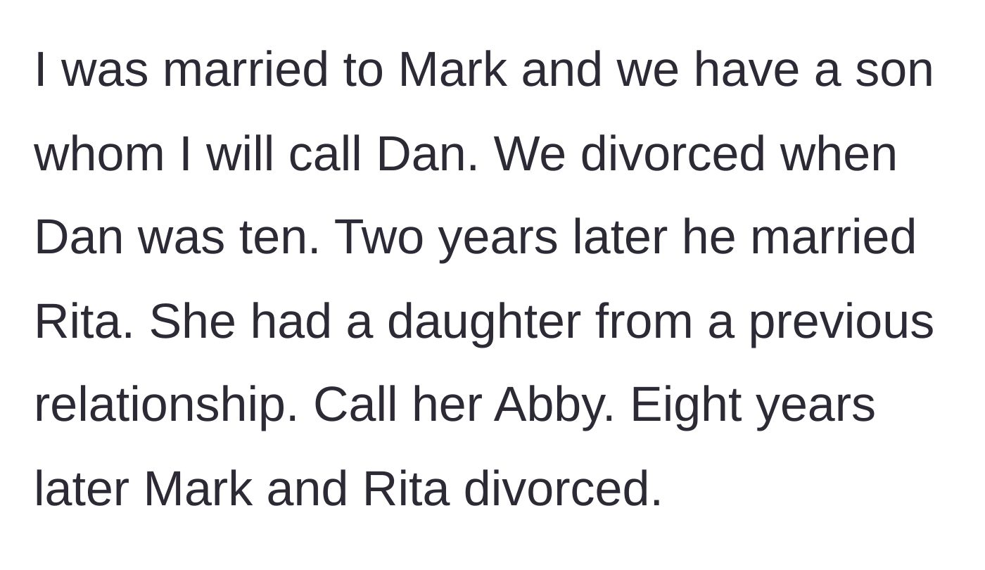 Story part 1 - Setting the stage: the marriage, the birth of Dan, the divorce, and Mark's subsequent marriage and divorce from Rita, who has a daughter named Abby.